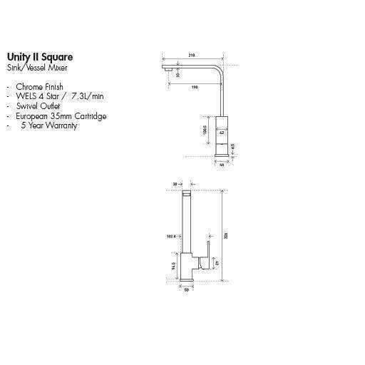 Aspire Unity II **Square** Sink/Vessel Mixer Chrome - Burdens Plumbing
