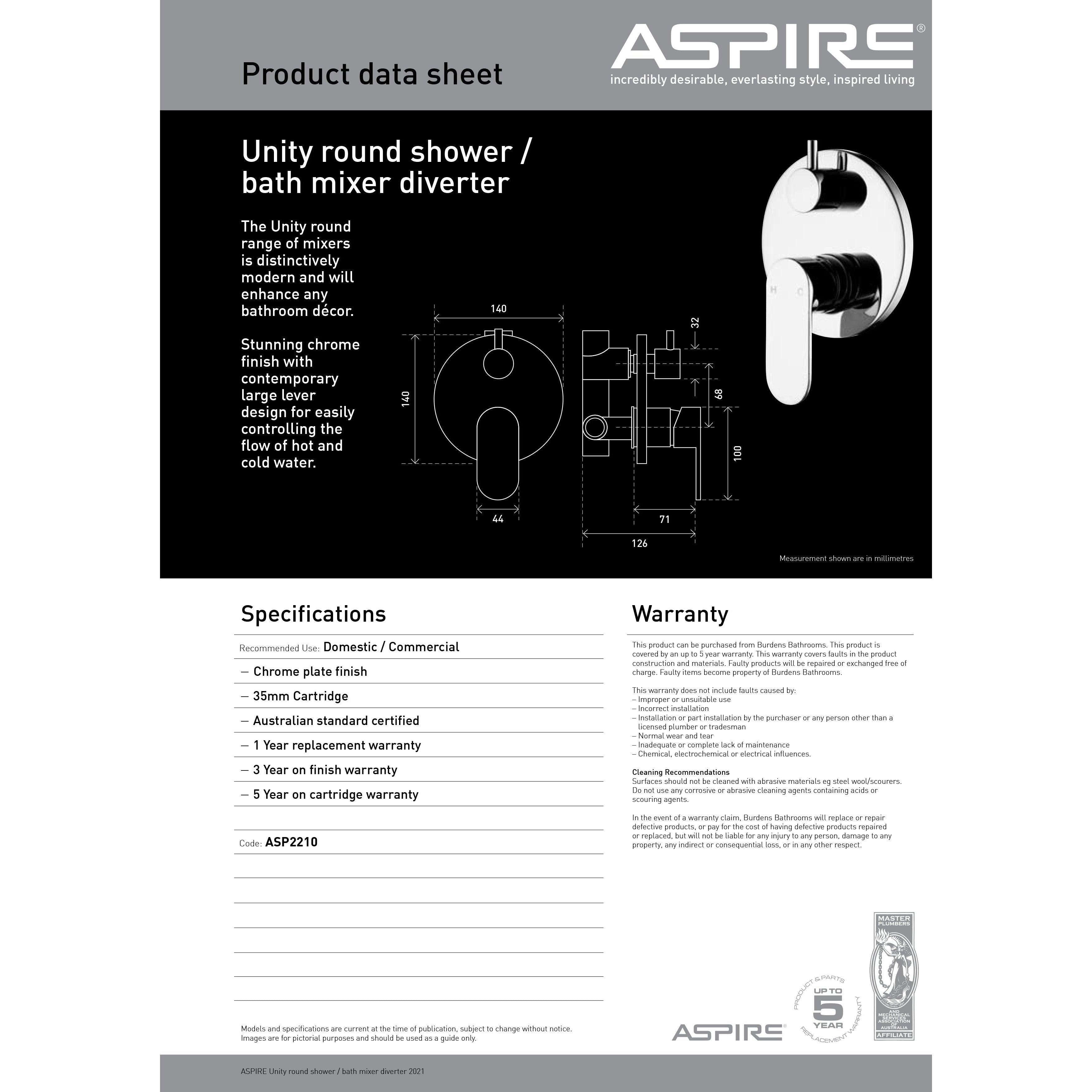 Aspire Unity **Round** Shower Mixer W/ Diverter Chrome - Burdens Plumbing