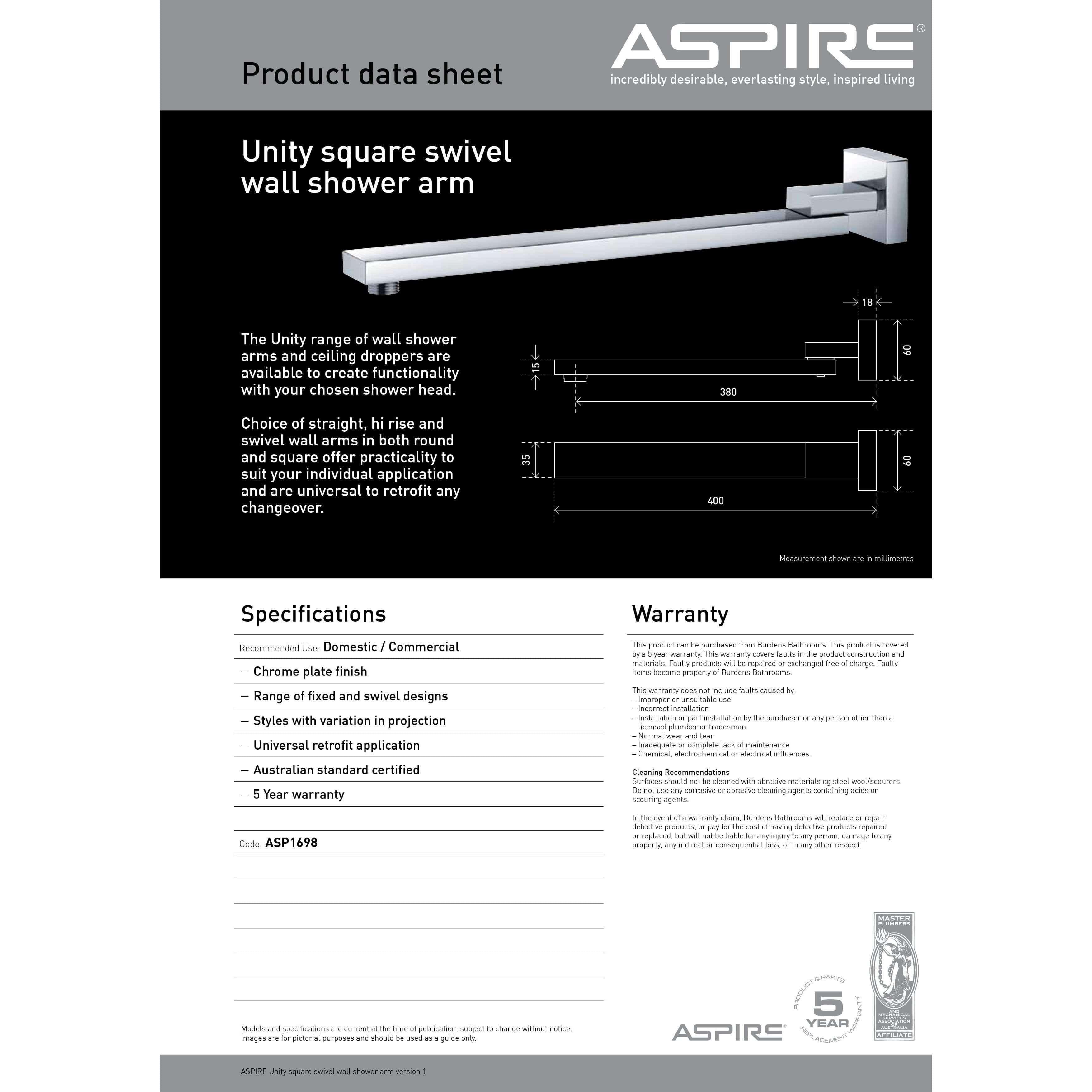 Aspire Unity Shower Wall Arm Swivel Square Chrome - Burdens Plumbing