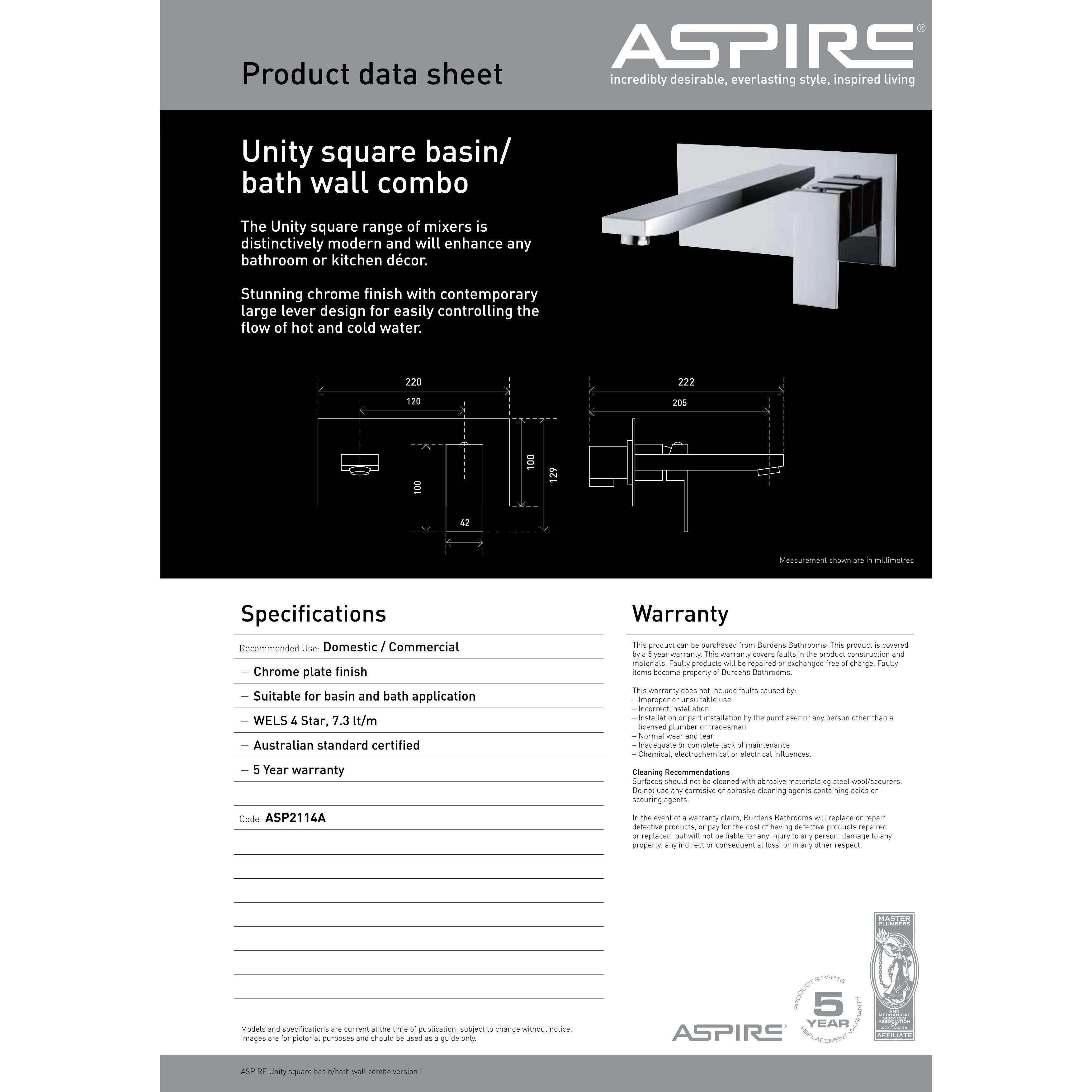 Aspire Unity *Sq* Basin/Bath Wall Mixer Combo 170mm Spout - Burdens Plumbing