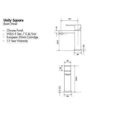 Aspire Unity **Square** Basin Mixer Chrome - Burdens Plumbing