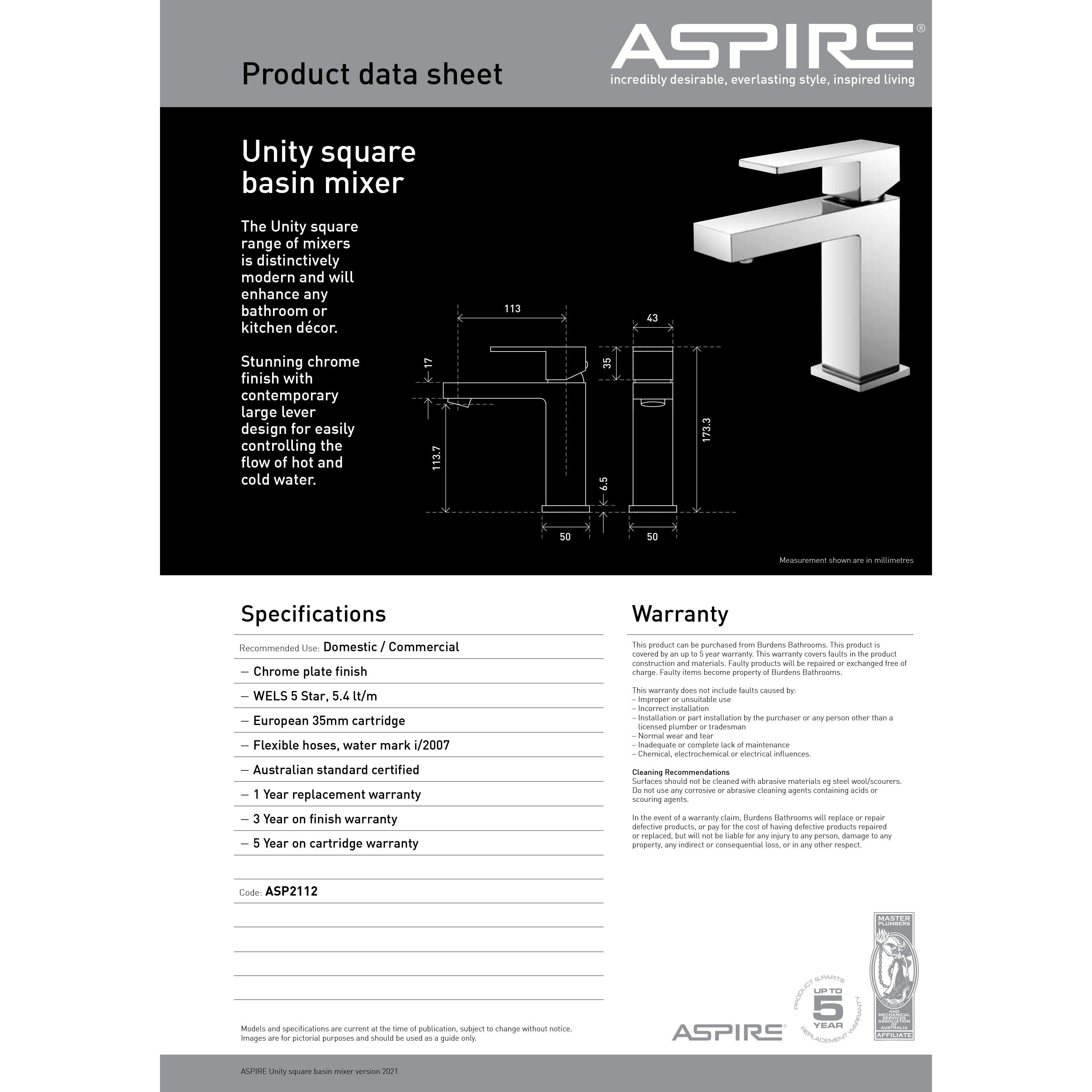 Aspire Unity **Square** Basin Mixer Chrome - Burdens Plumbing