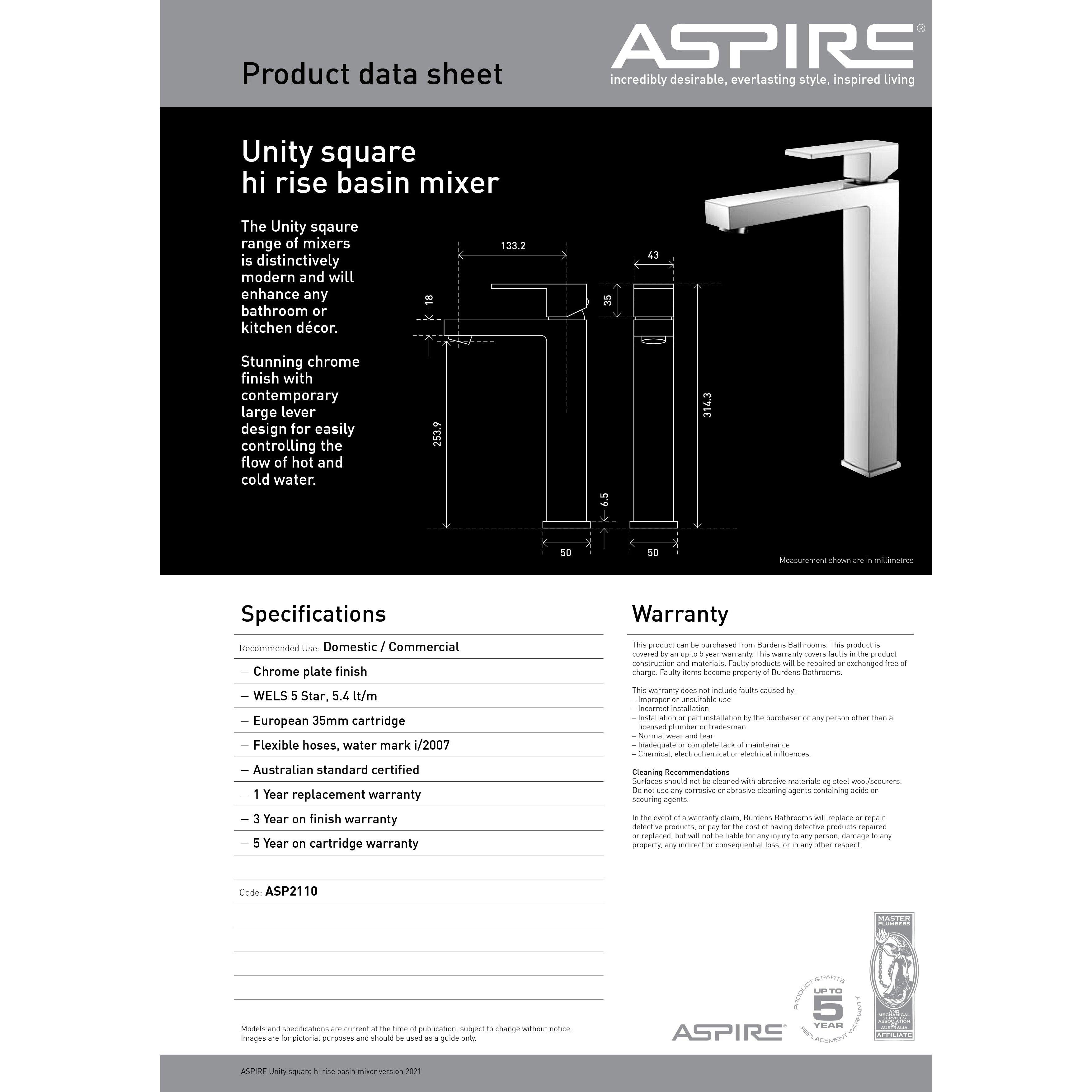 Aspire Unity **Square** Hi Rise Vessel Mixer Chrome - Burdens Plumbing