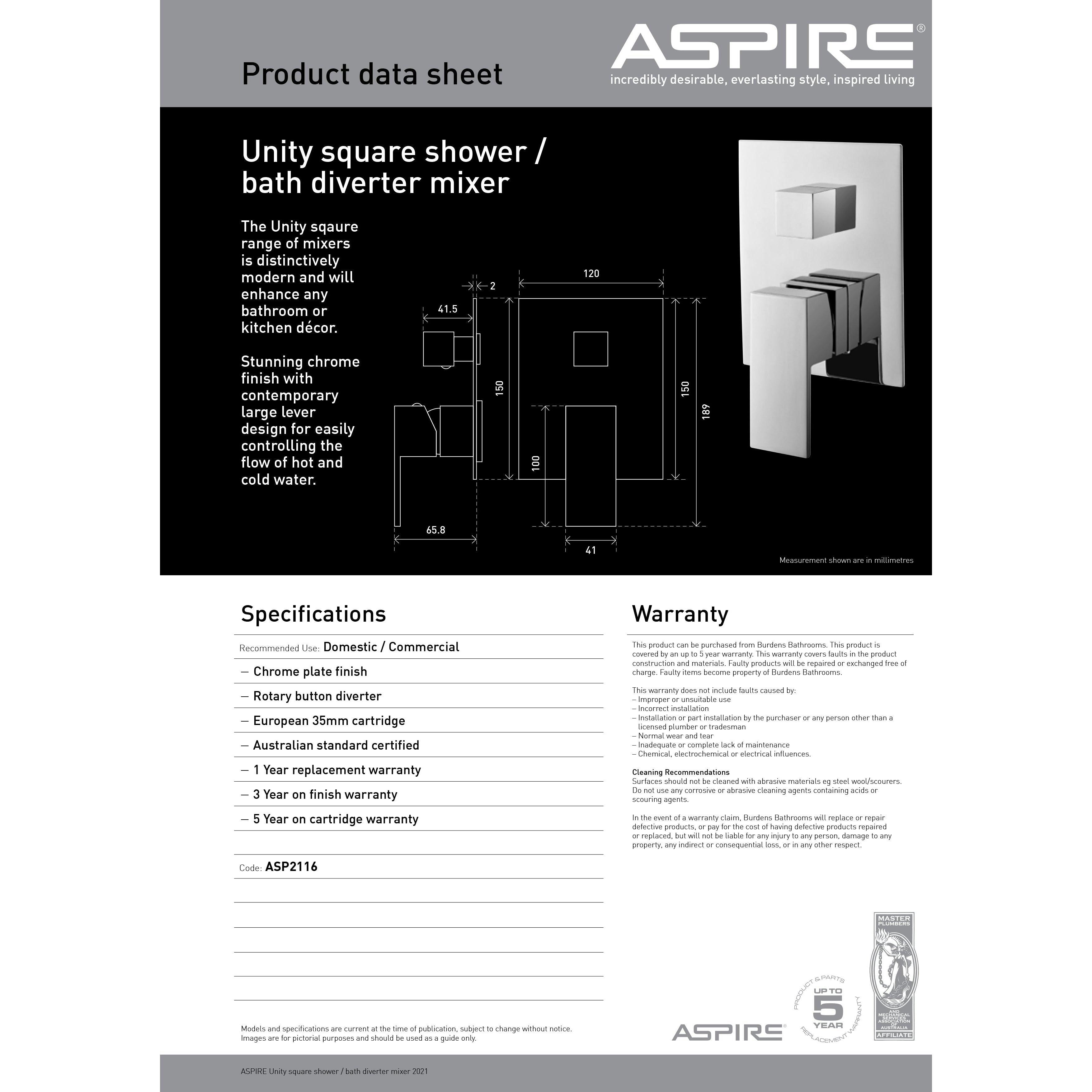 Aspire Unity **Square** Shower Mixer W/ Diverter Chrome - Burdens Plumbing