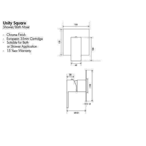 Aspire Unity **Square** Shower/Bath Mixer Chrome - Burdens Plumbing