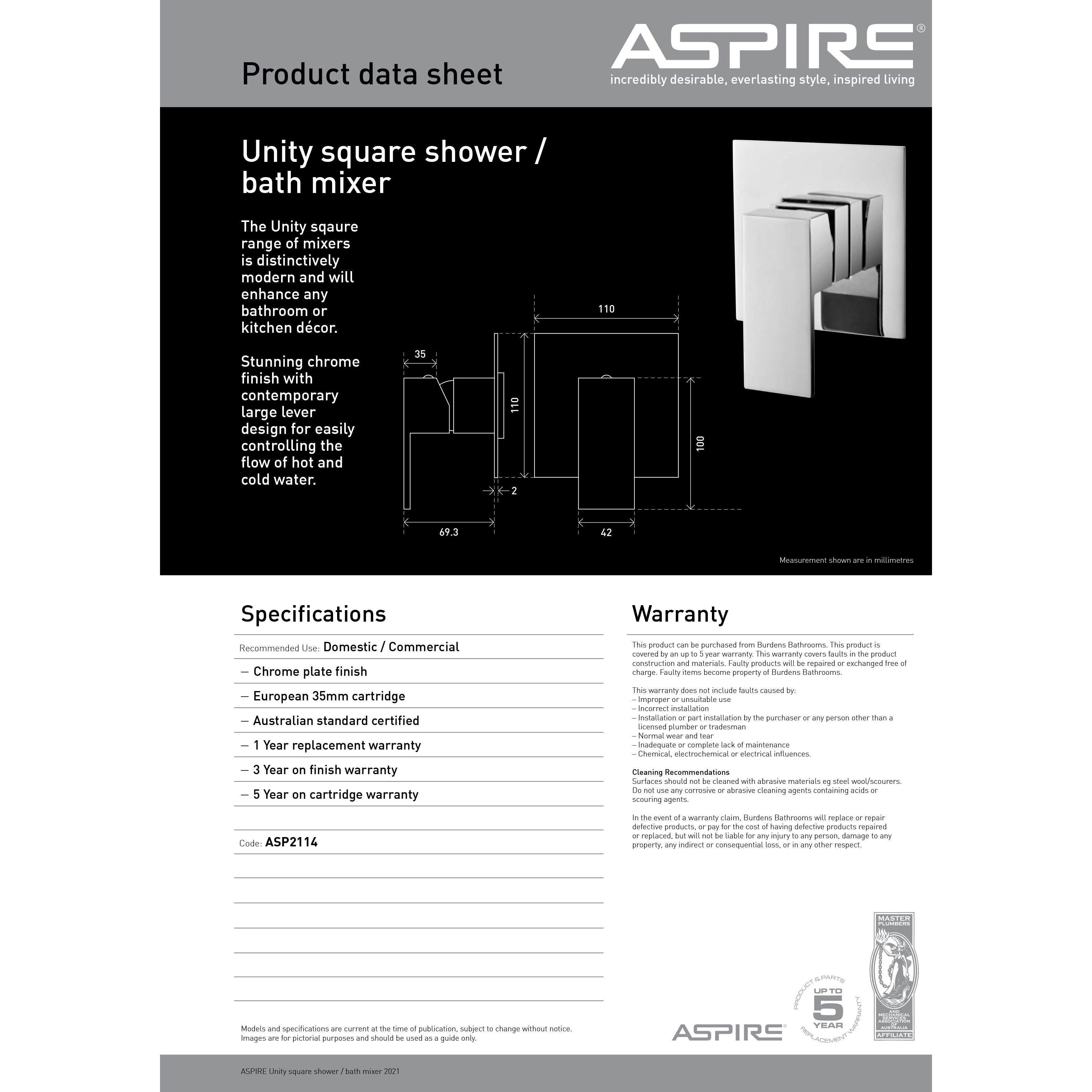 Aspire Unity **Square** Shower/Bath Mixer Chrome - Burdens Plumbing