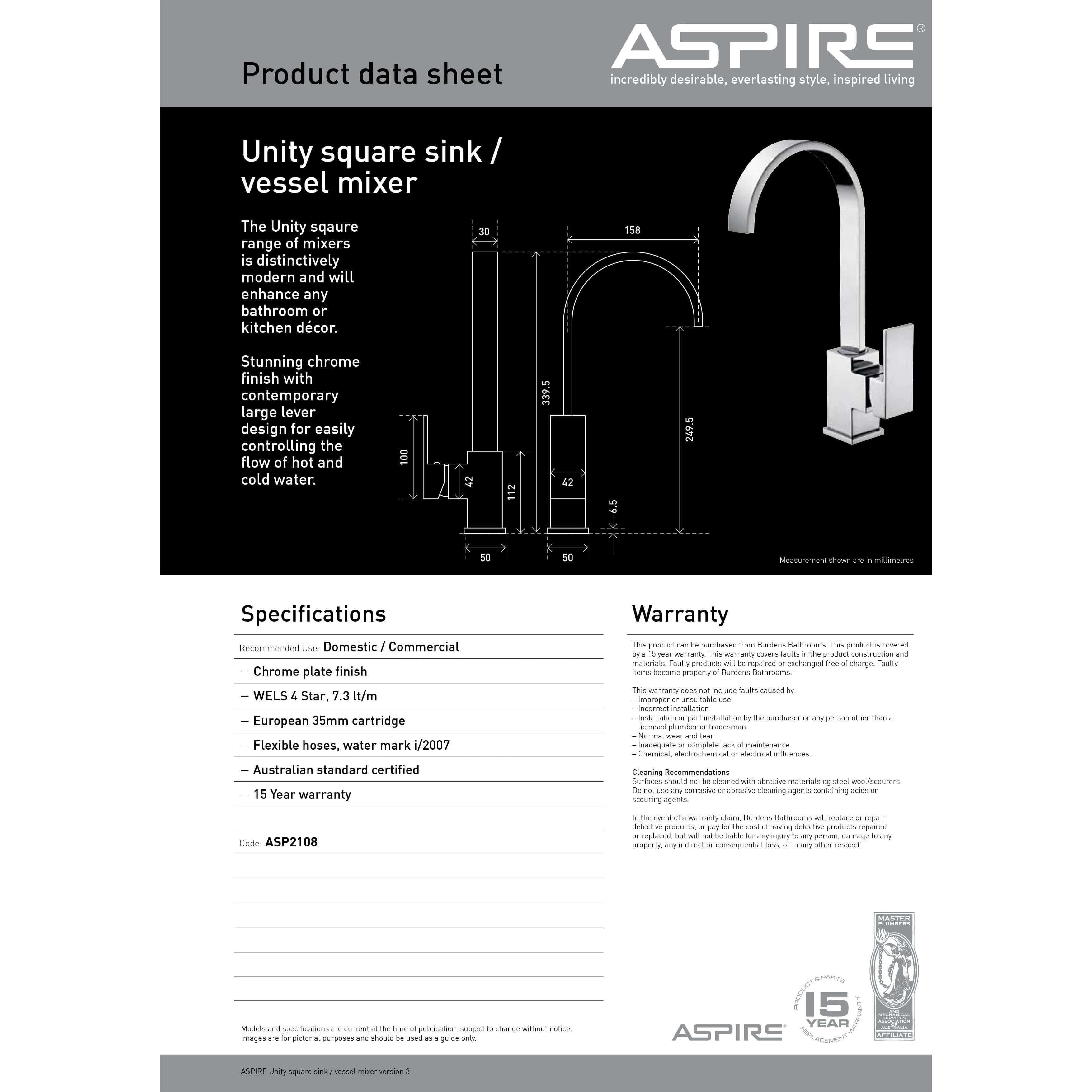 Aspire Unity **Square** Sink/Vessel Mixer Chrome - Burdens Plumbing