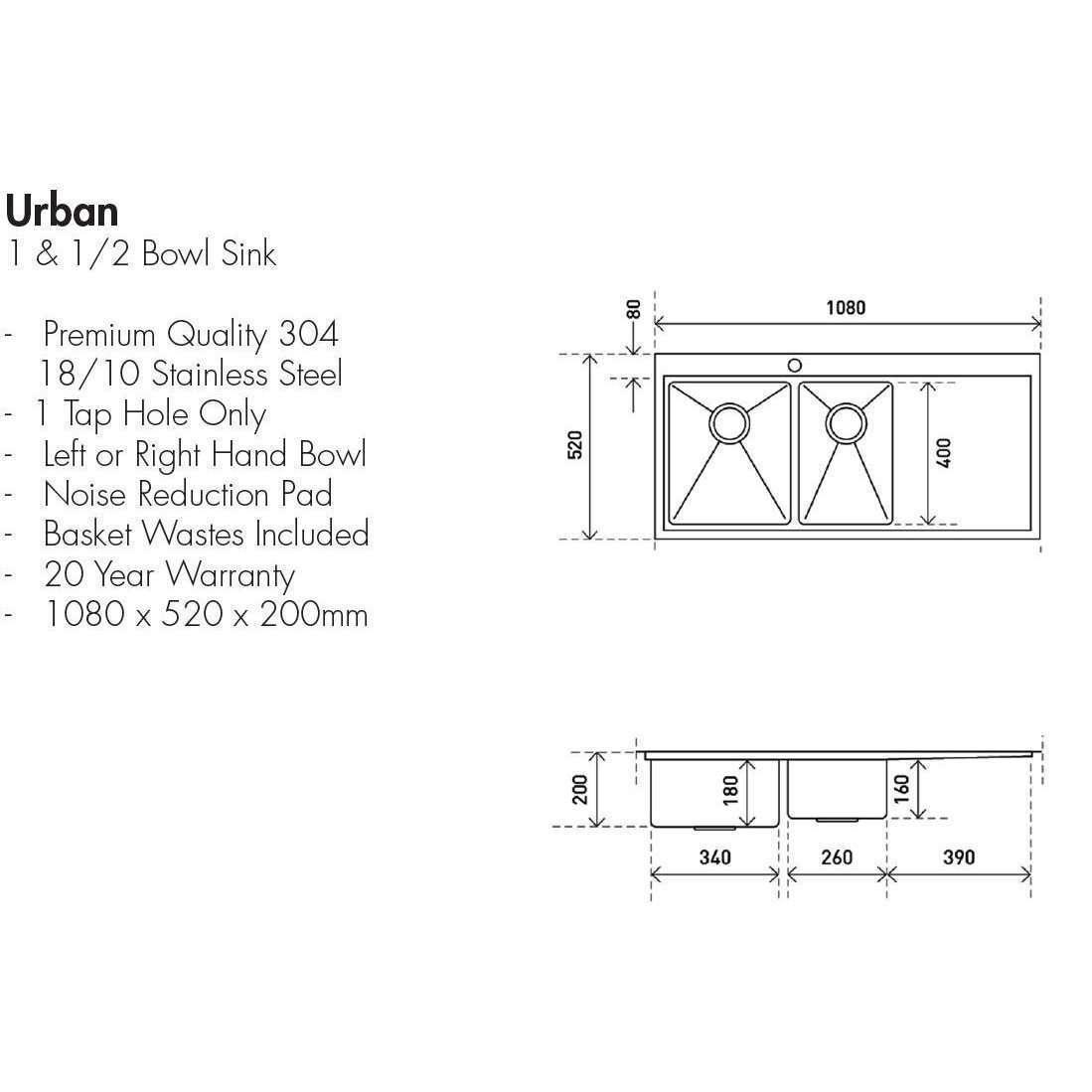 Aspire Urban 1 1/2 Lh Bowl 1080 X 520 S/Steel Sink ** Rh751L** - Burdens Plumbing