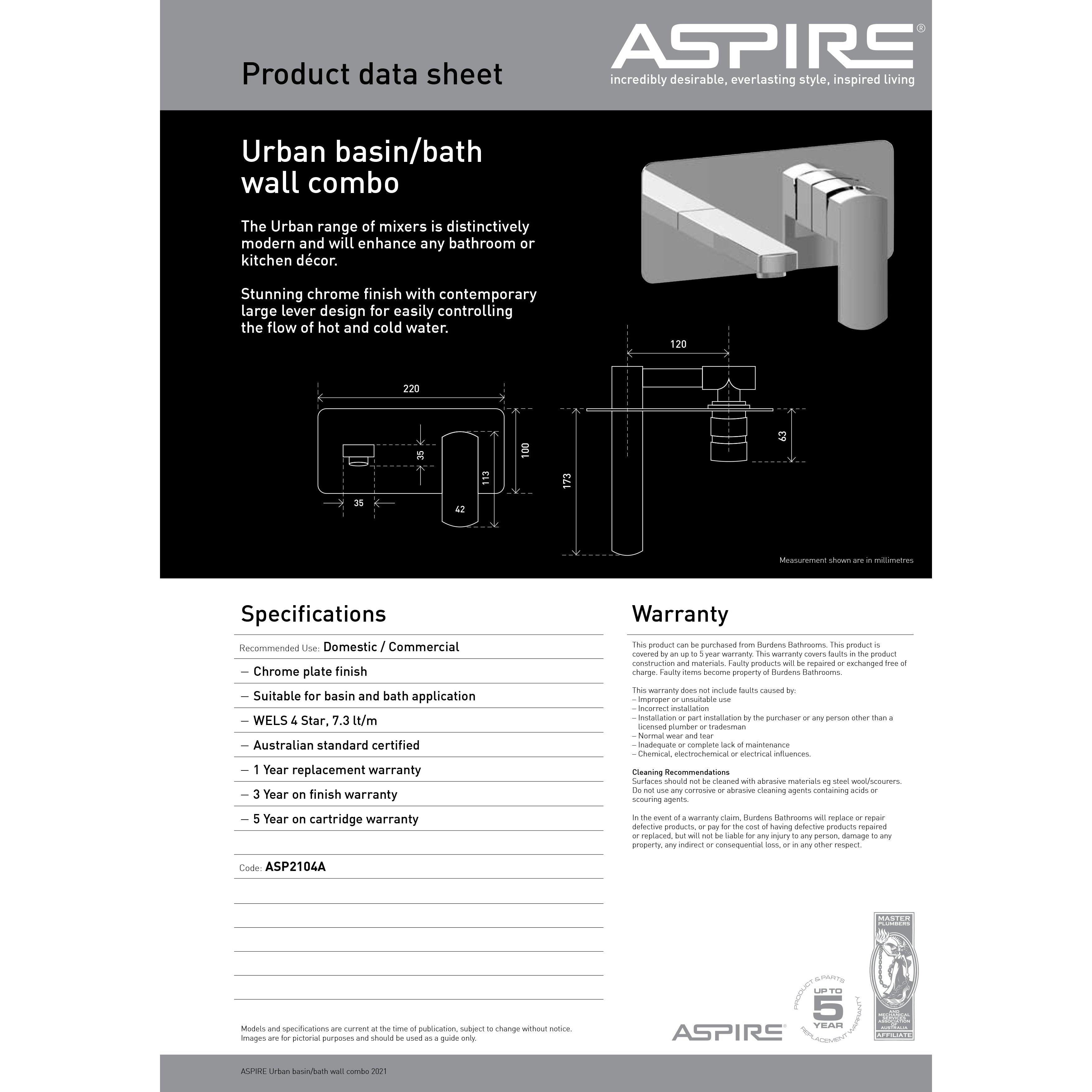 Aspire Urban Basin/Bath Wall Mixer Combo Chrome 170mm Spout - Burdens Plumbing