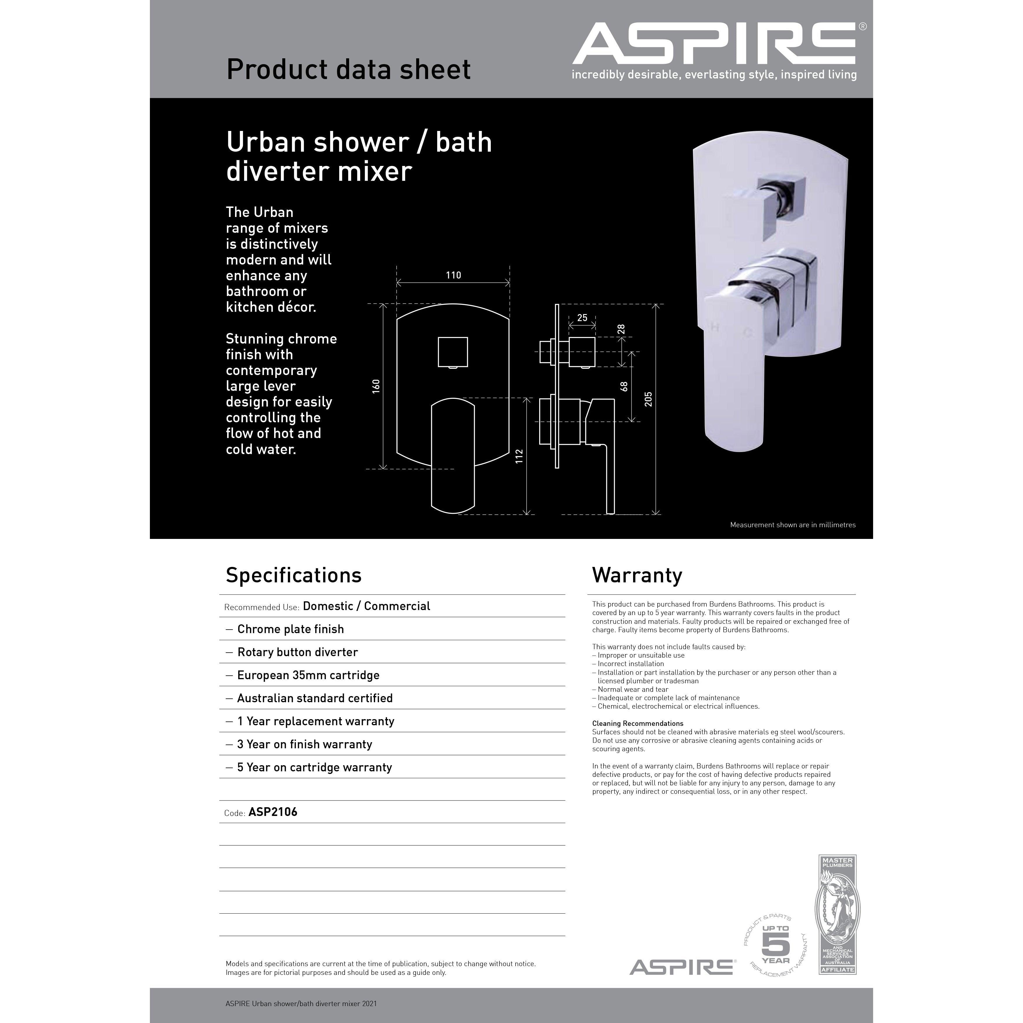 Aspire Urban Shower/Bath Mixer With Diverter C/P - Burdens Plumbing