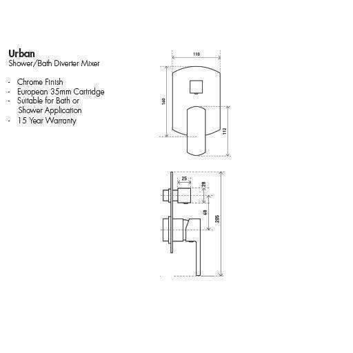 Aspire Urban Shower/Bath Mixer With Diverter C/P - Burdens Plumbing