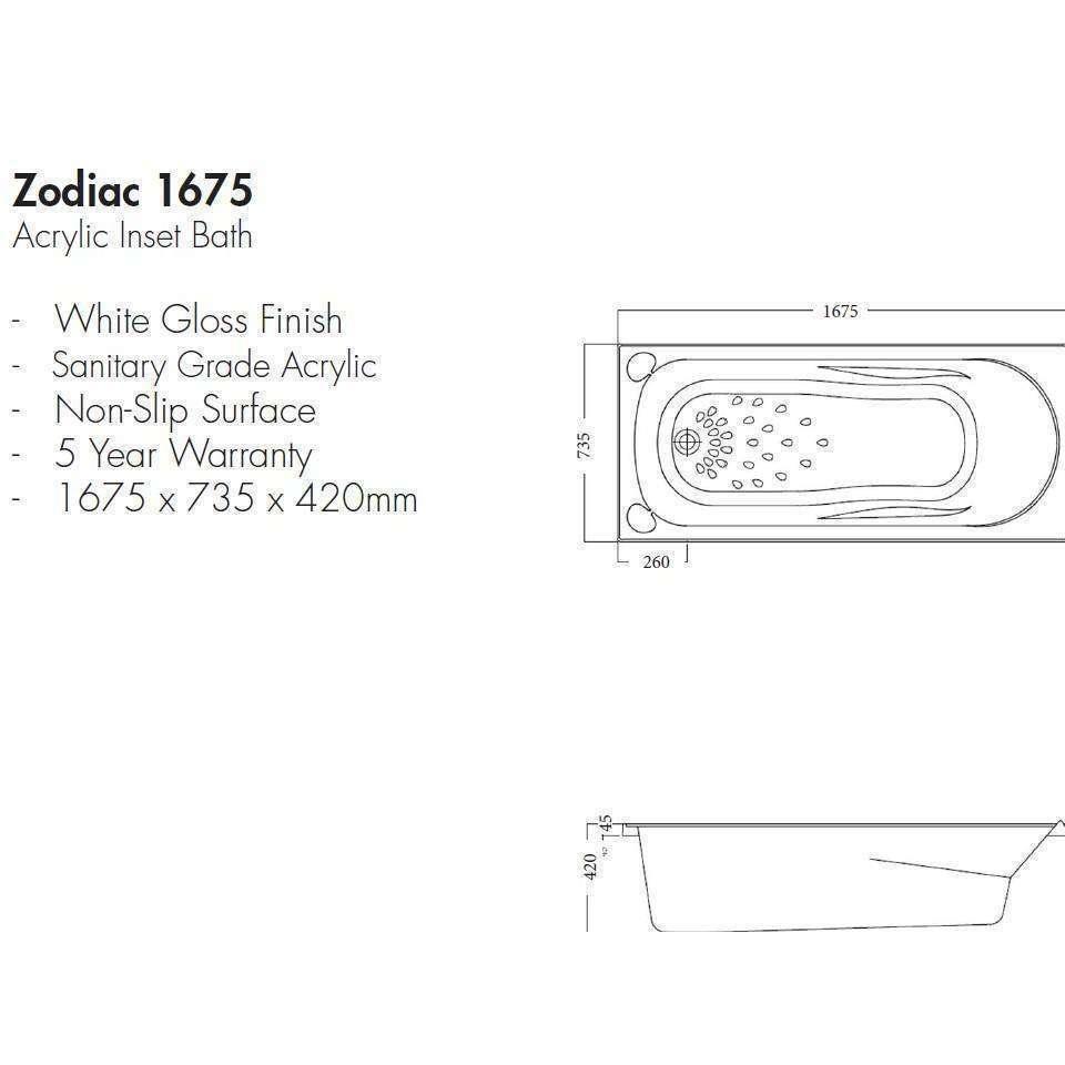 Aspire Zodiac Acrylic Bath 1675mm -White **Cb1675** - Burdens Plumbing