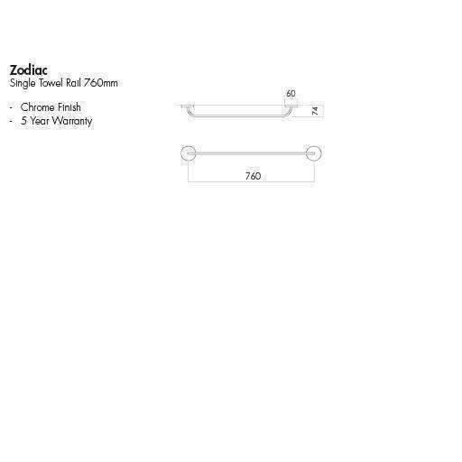 ASPIRE ZODIAC SINGLE TOWEL RAIL 760MM CHROME - Burdens Plumbing