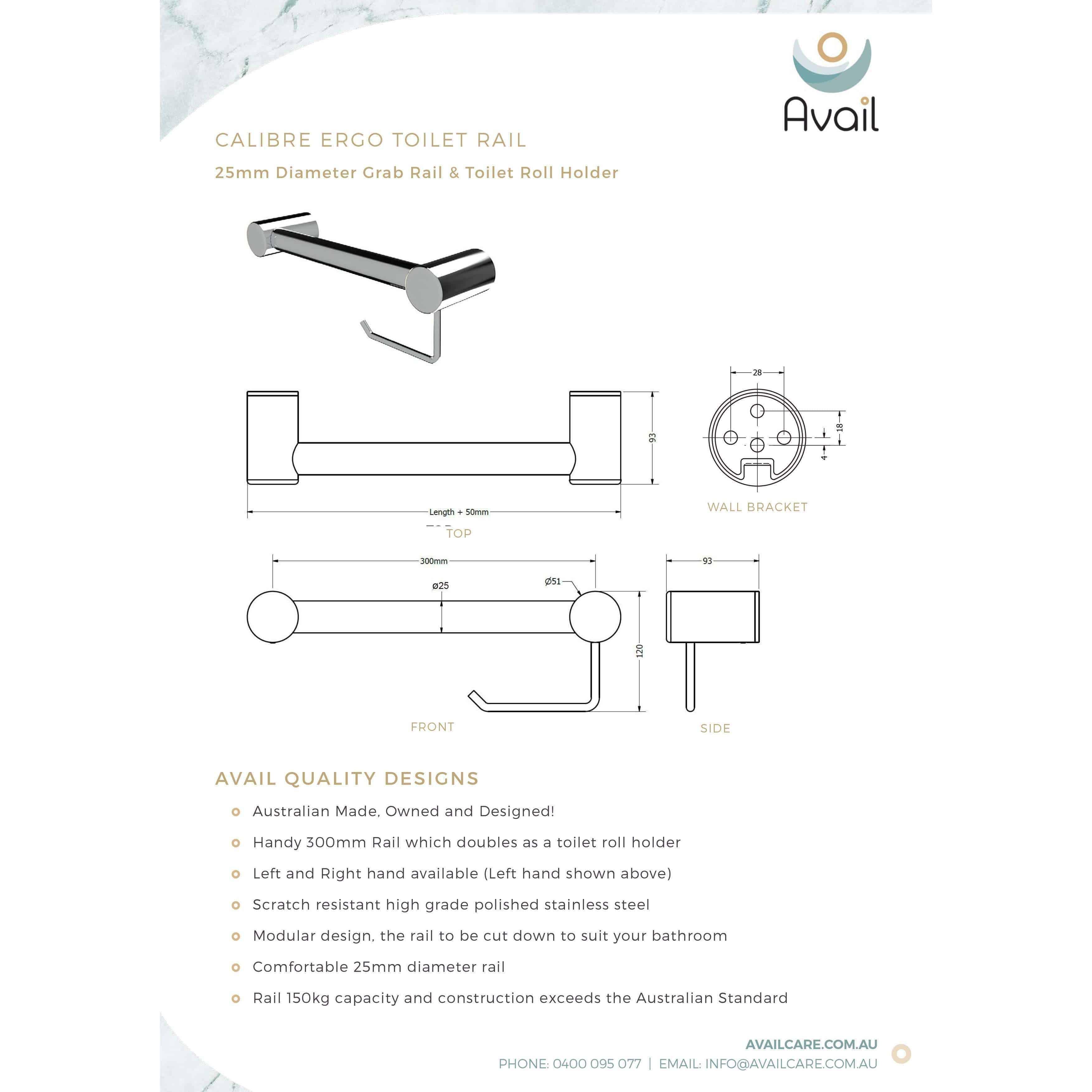 Availcare Calibre Ergo Toilet Roll Holder And 300mm Rail Chrome - Burdens Plumbing