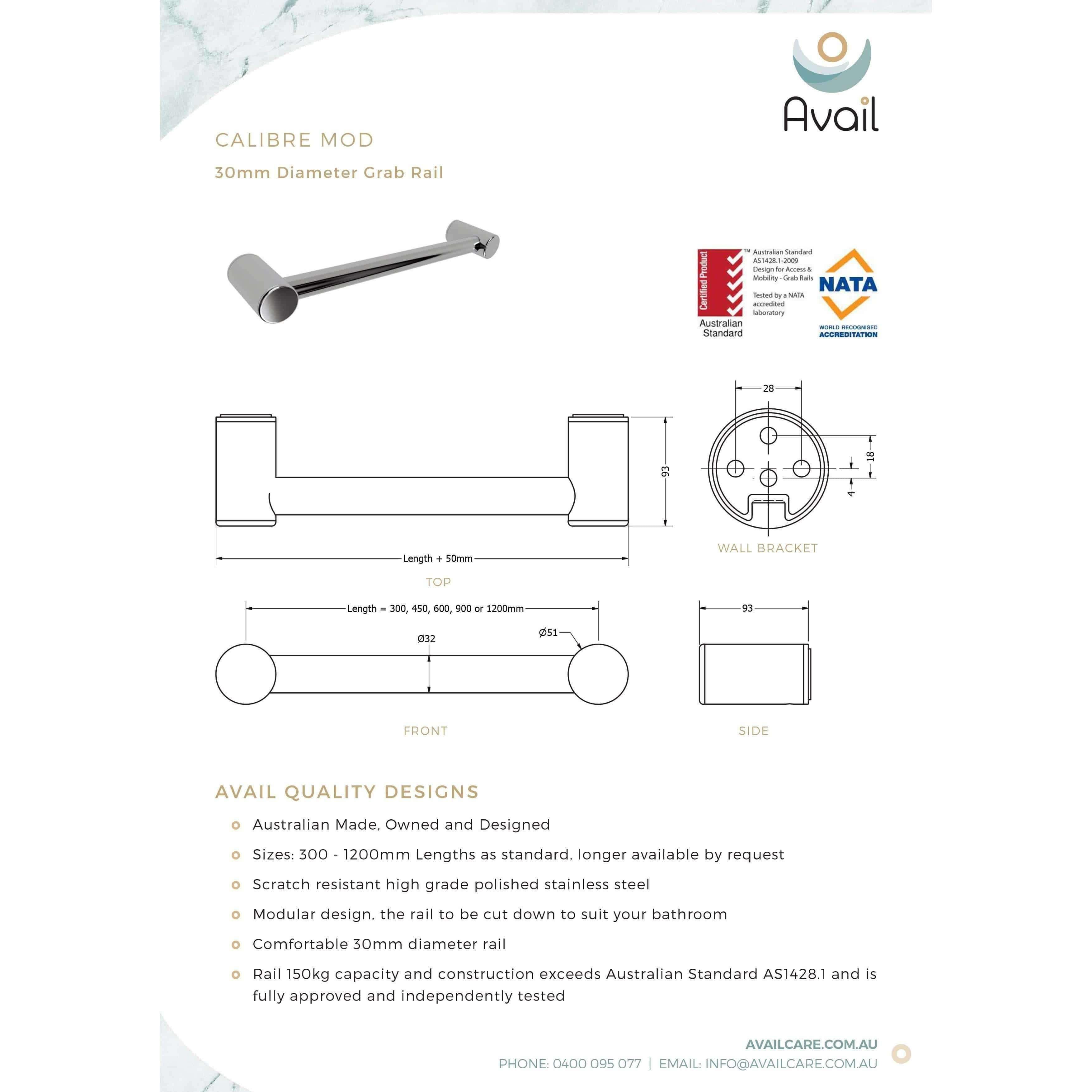Availcare Calibre Mod Rail 300mm Chrome - Burdens Plumbing