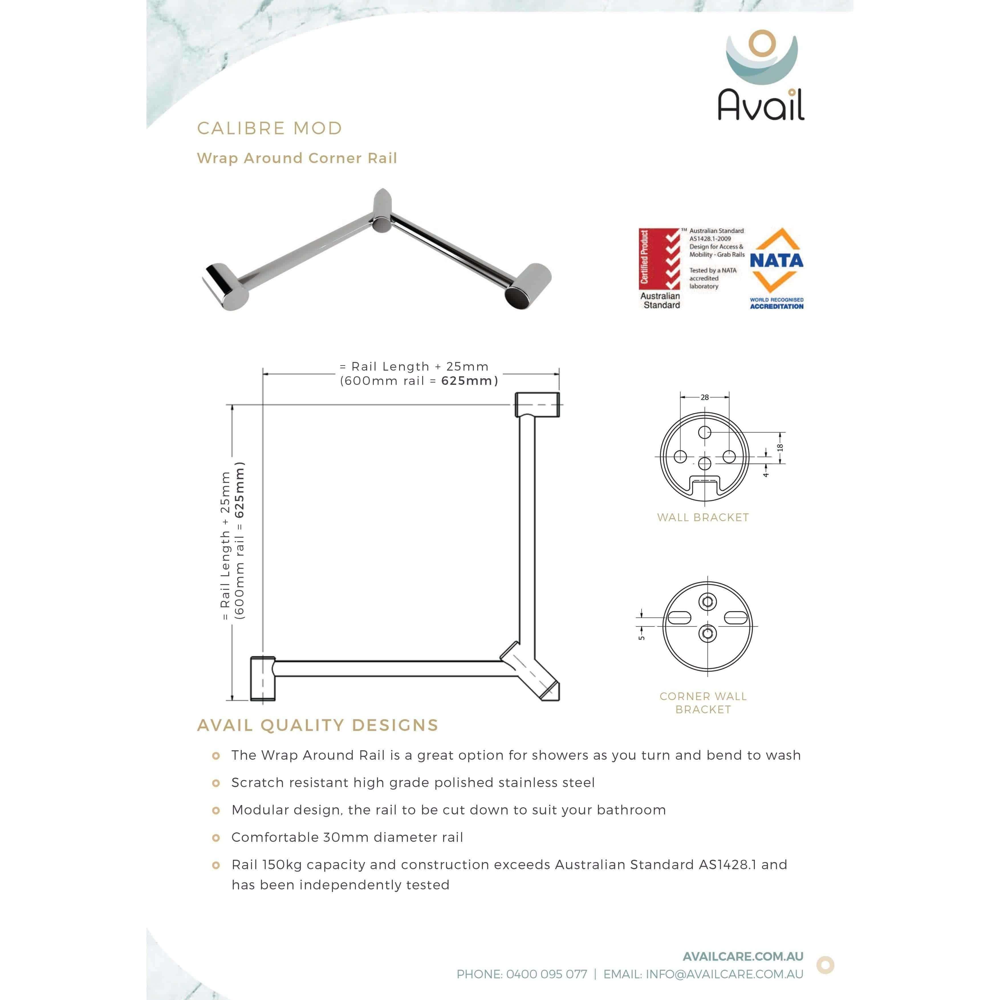 Availcare Calibre Mod Wrap Around Corner Rail 600X600 Chrome - Burdens Plumbing