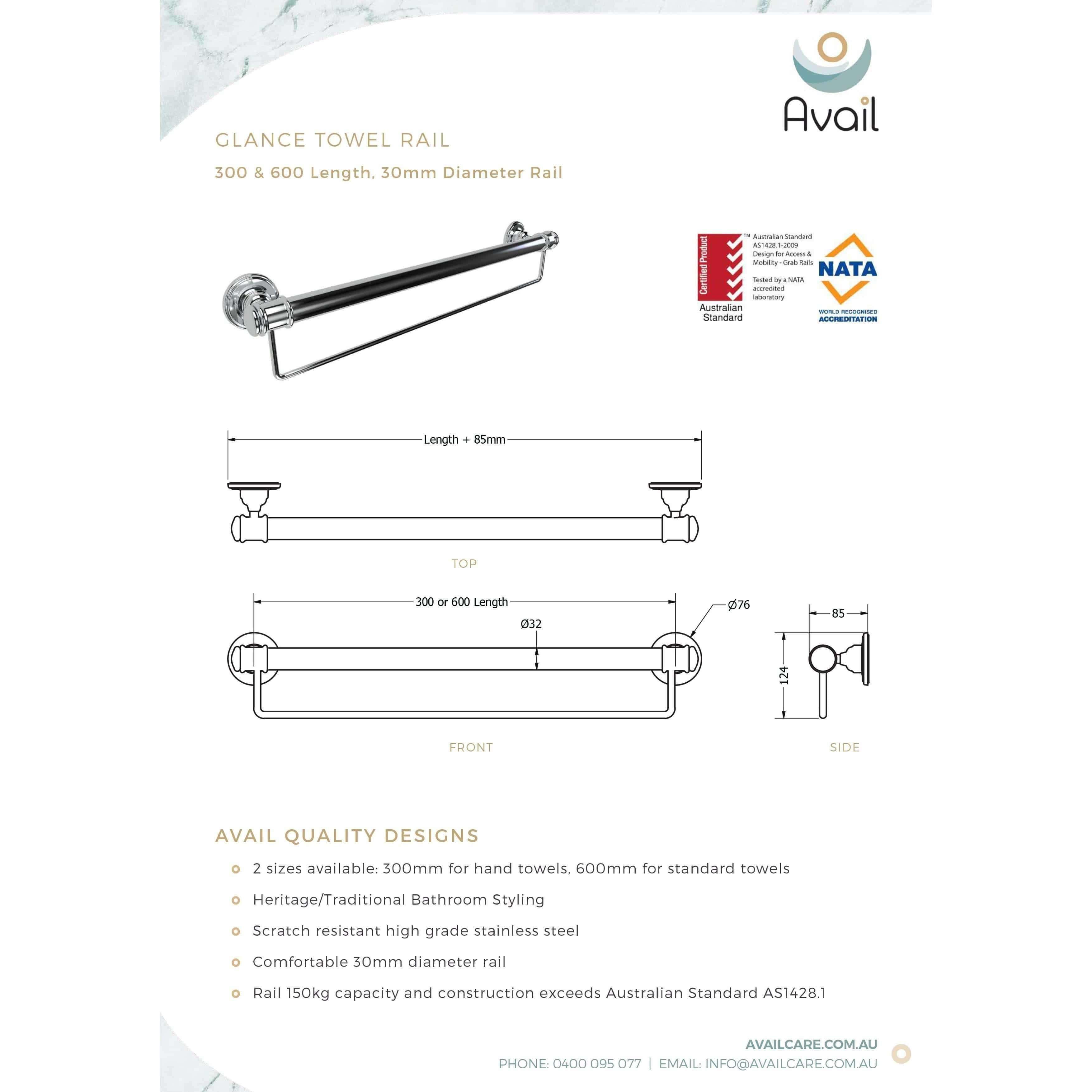 Availcare Glance 600mm Standard Towel Rail Chrome - Burdens Plumbing