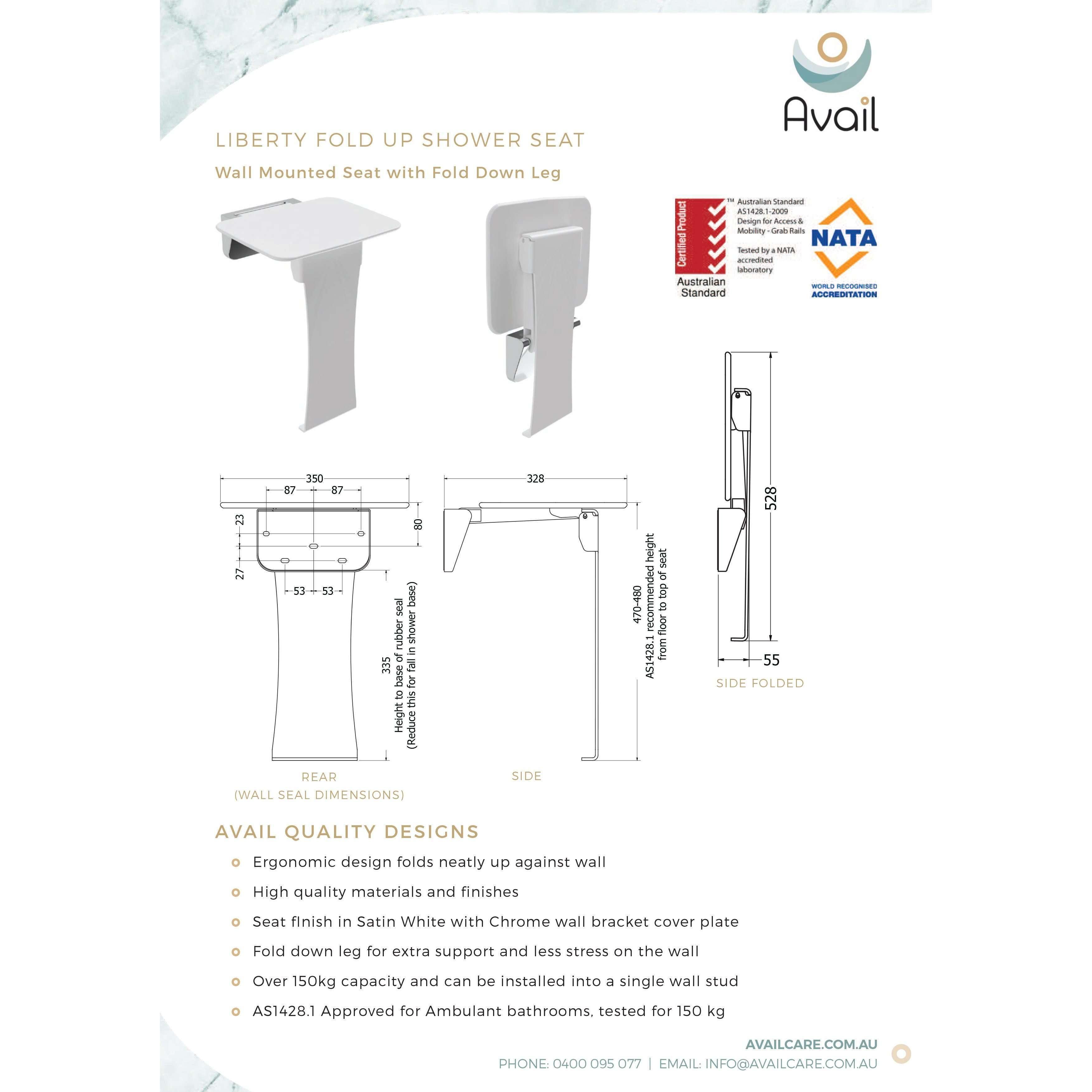 Availcare Liberty Wall Mounted Fold Up Seat With Fold Down Leg - Burdens Plumbing