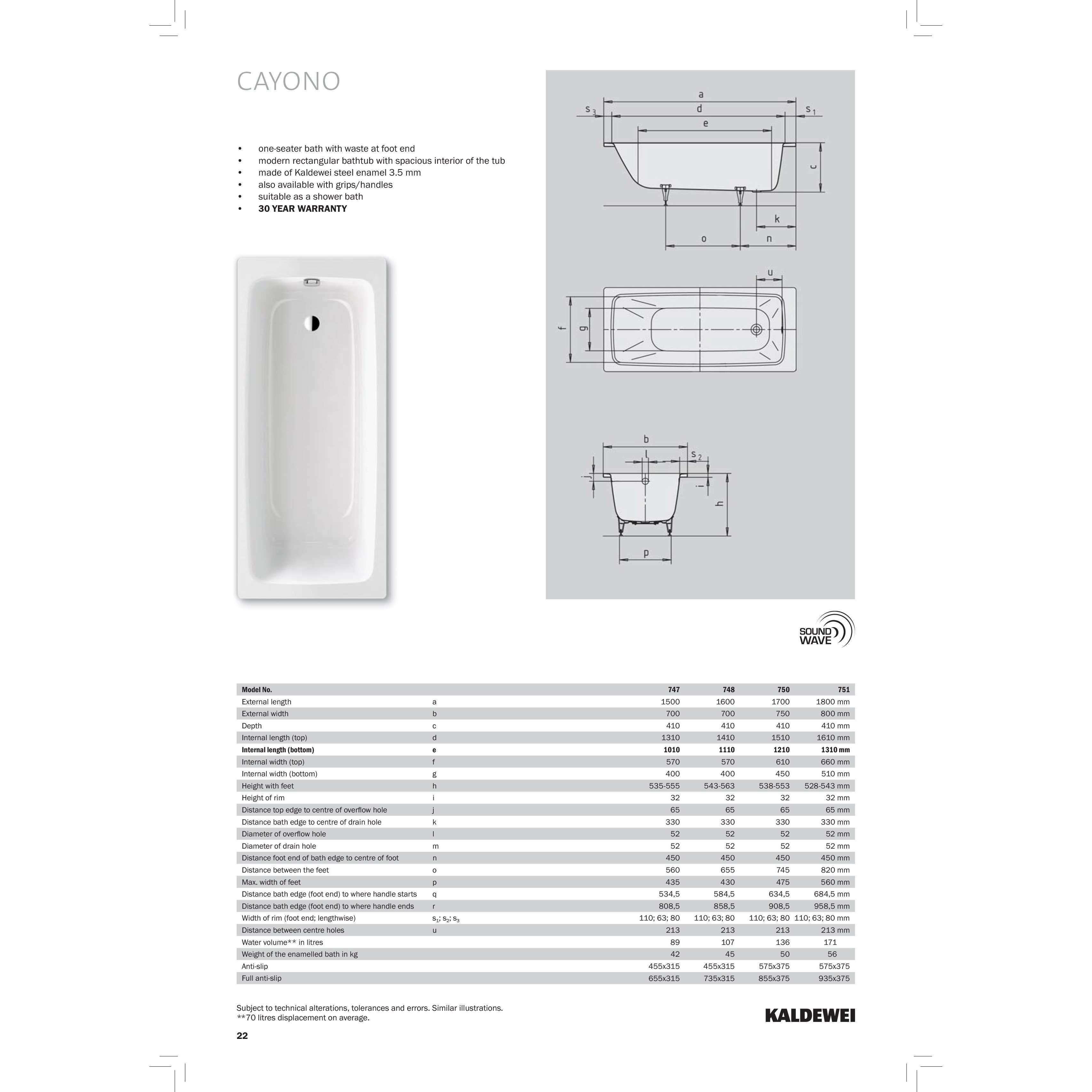 Bathe Kaldewei Cayono 1700X750 Pressed Steel Bath With O/F - Burdens Plumbing