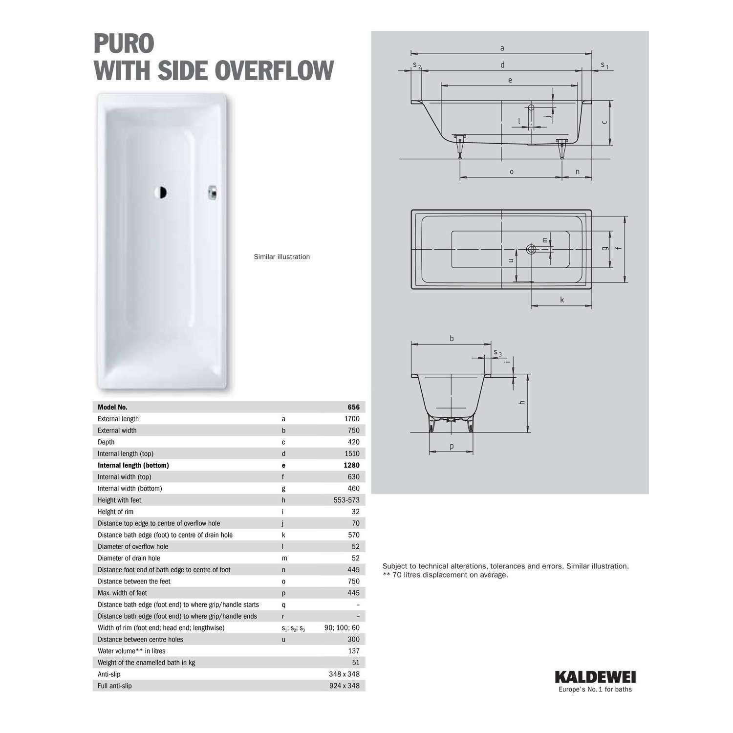 Bathe Kaldewei Puro 1700 Bath W/Overflow - Burdens Plumbing