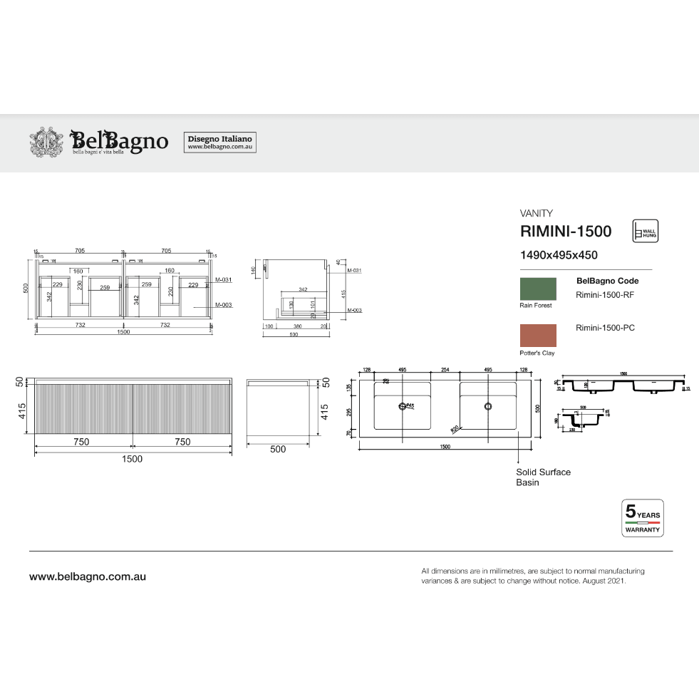 Belbagno Rimini 1500mm Wall-Hung Vanity Inc Basin - Burdens Plumbing