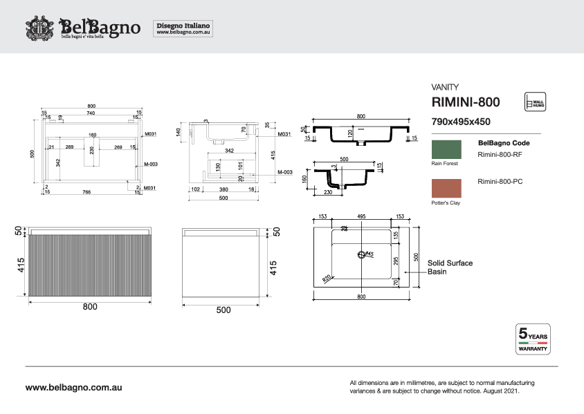 Belbagno Rimini 800mm Wall-Hung Vanity Inc Basin - Burdens Plumbing