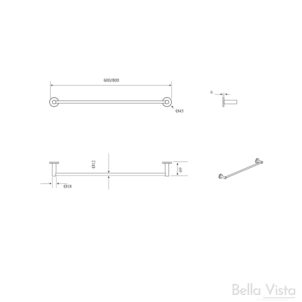 Bella Vista Mica Single Towel Bar 600mm Chrome - Burdens Plumbing