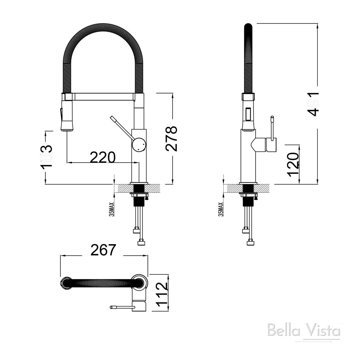 Bella Vista Zenon Kitchen Sink Mixer Chrome With Black Hose - Burdens Plumbing