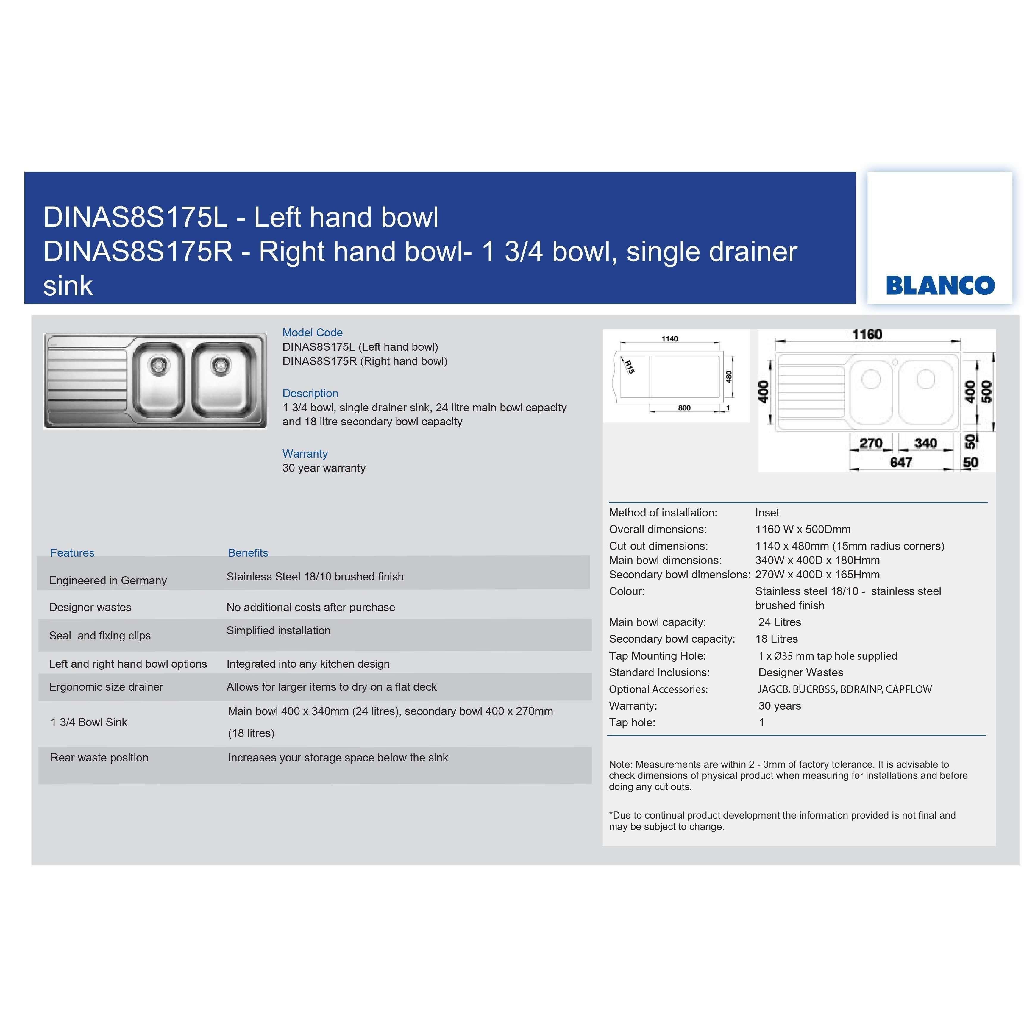 Blanco Dinas 1 3/4 S/S Sink - Left **Dinas8S175L** - Burdens Plumbing