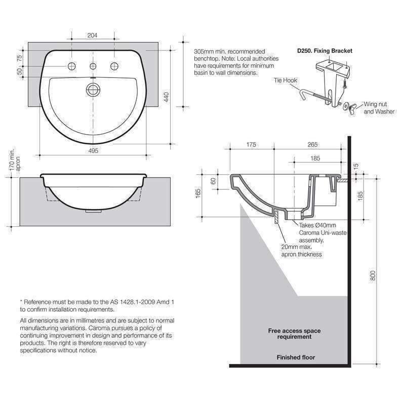 Caroma Cosmo Semi Recessed Basin 500mm X 440mm 3 Tap Hole White - Burdens Plumbing