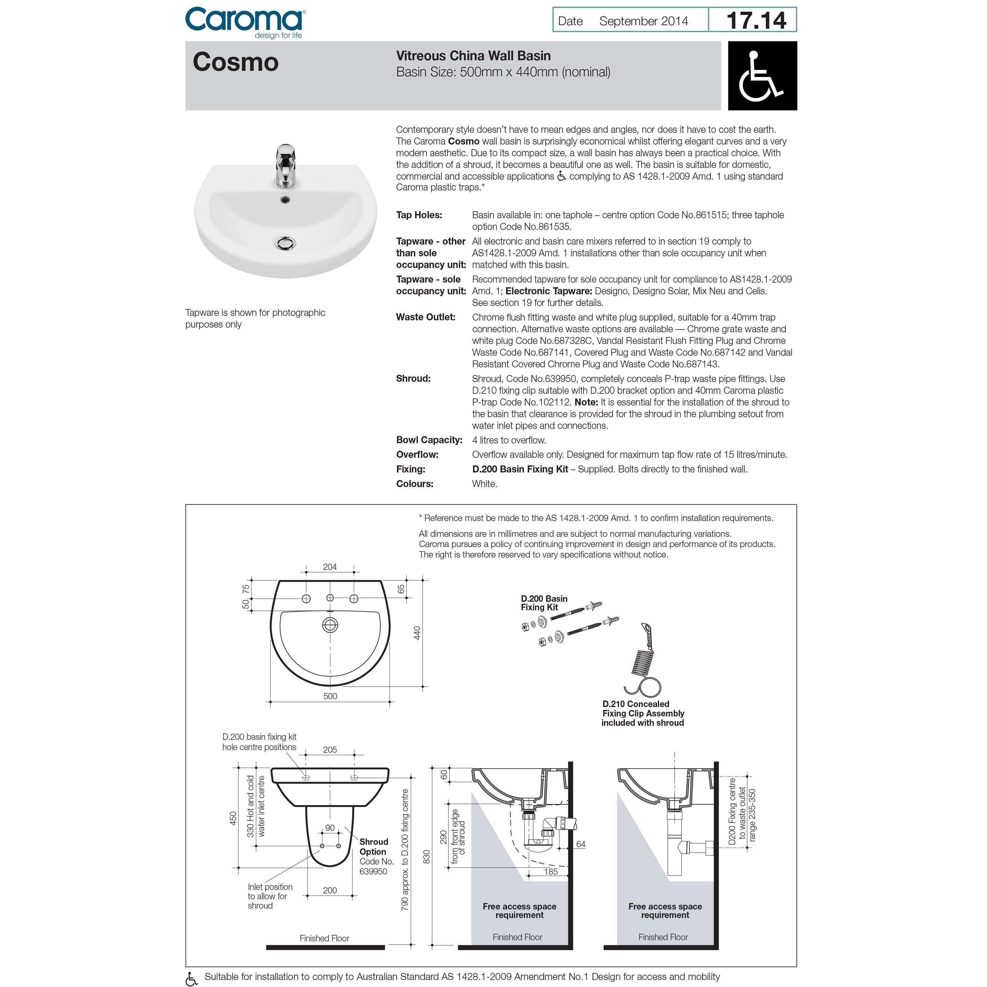 Caroma Cosmo Wall Basin 500mm X 440mm 1Th White - Burdens Plumbing