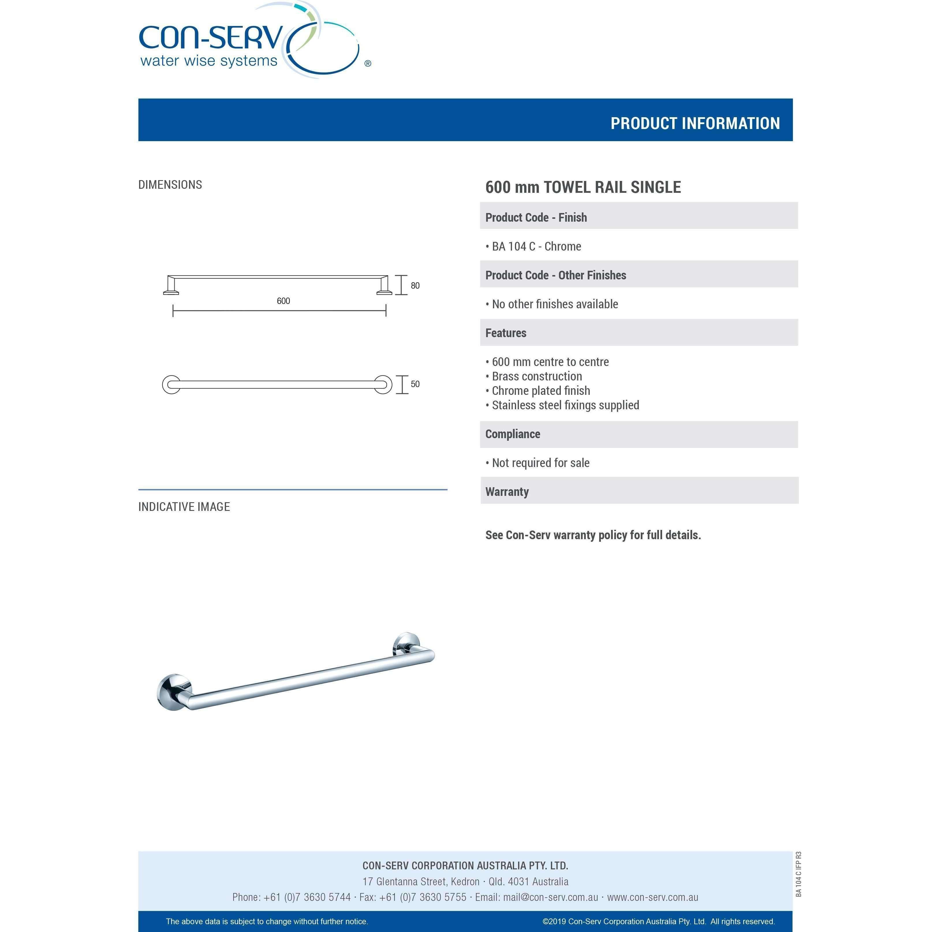 Con-Serv 100 Series 600mm Single Towel Rail Chrome Ba104C - Burdens Plumbing