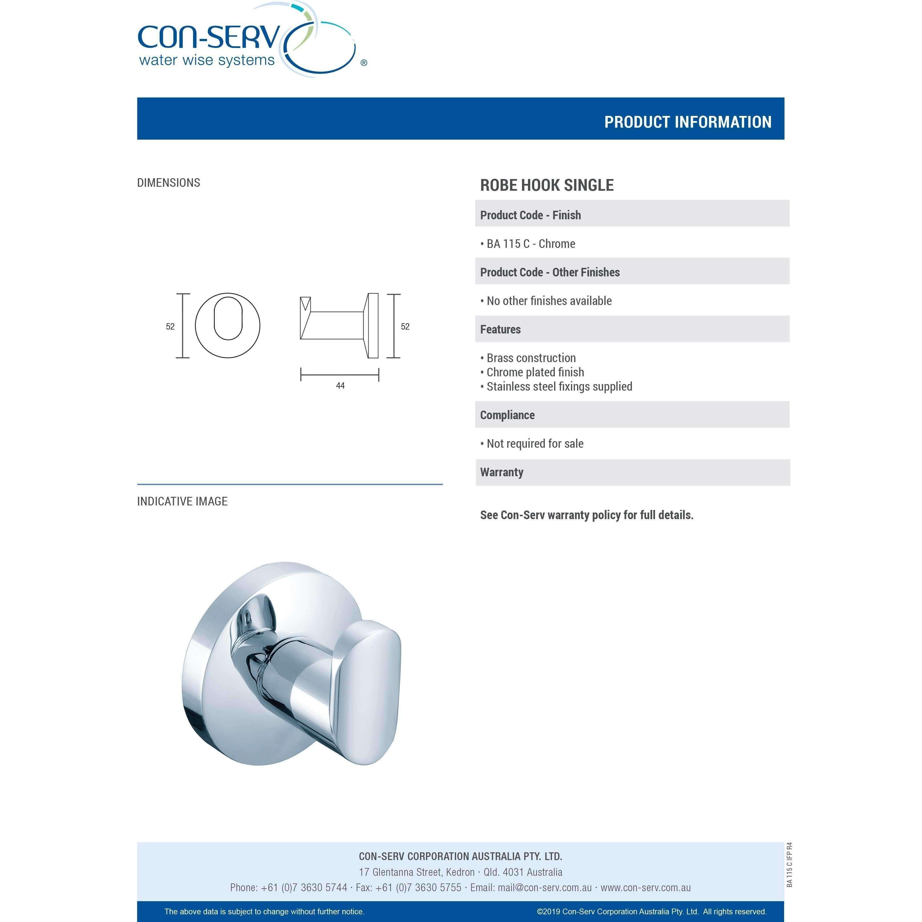 Con-Serv 100 Series Single Robe Hook Chrome Ba115C - Burdens Plumbing