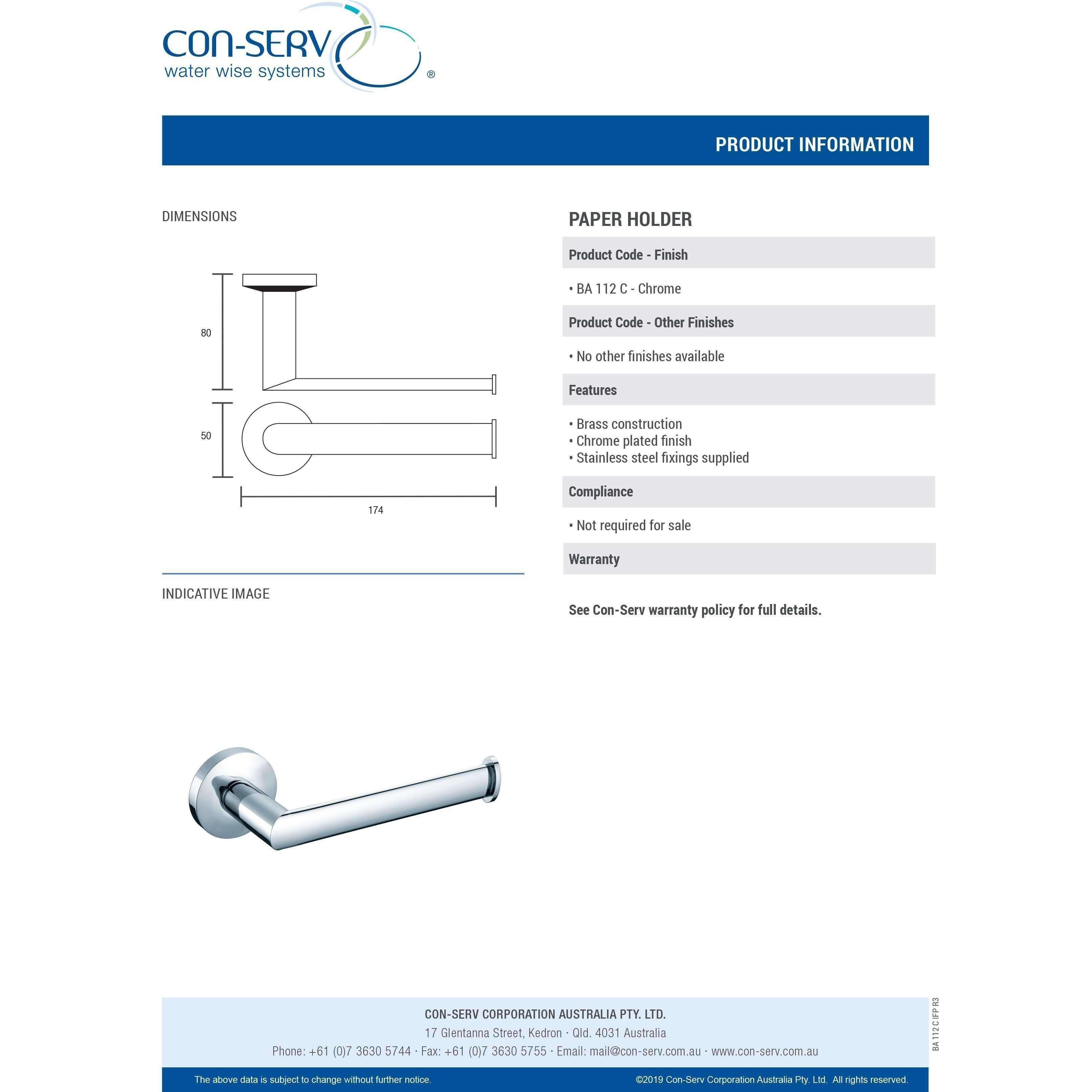 Con-Serv 100 Series Toilet Roll Holder Chrome Ba112C - Burdens Plumbing
