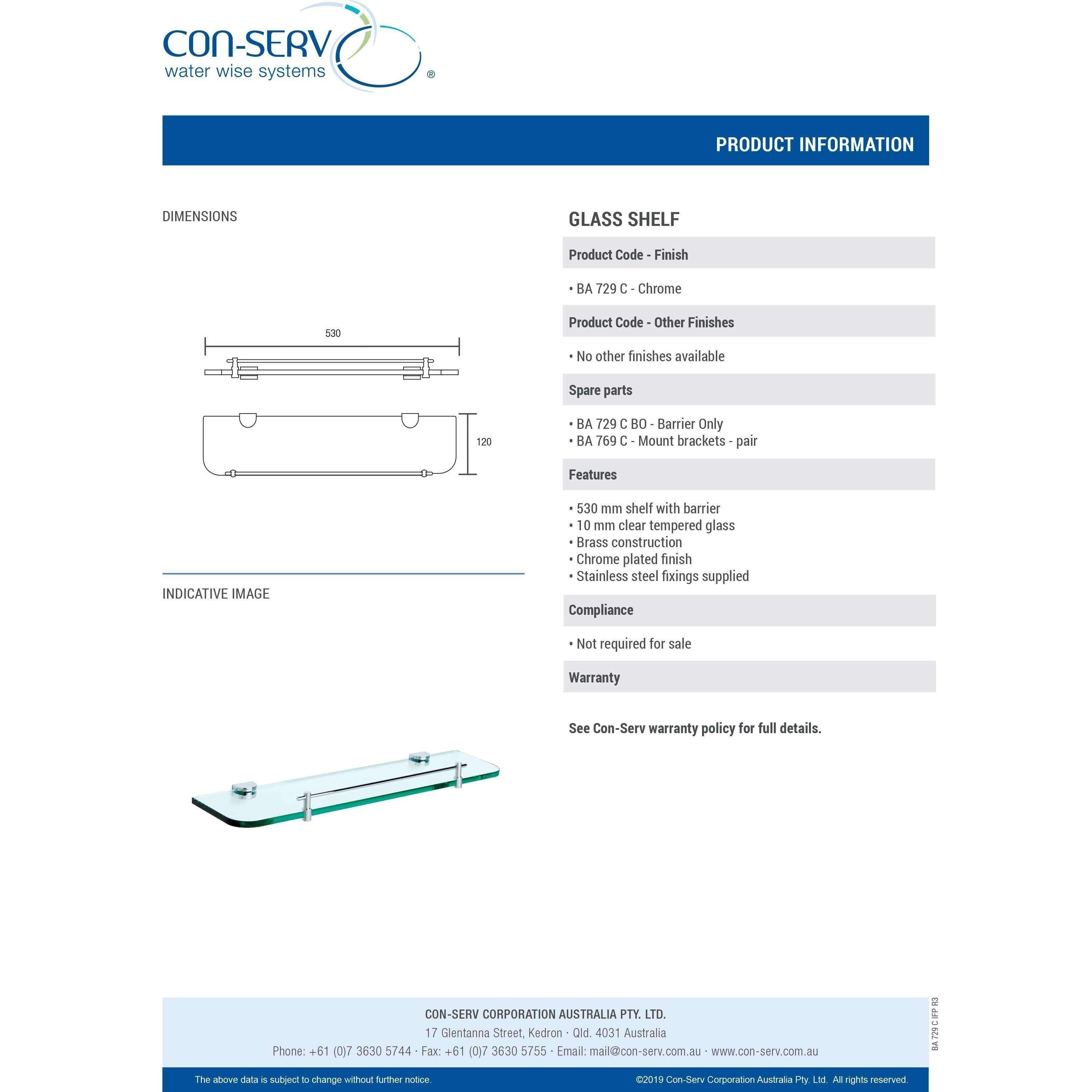 Con-Serv 700 Series Glass Vanity Shelf With Barrier Ba729C: Ex-Display - Burdens Plumbing