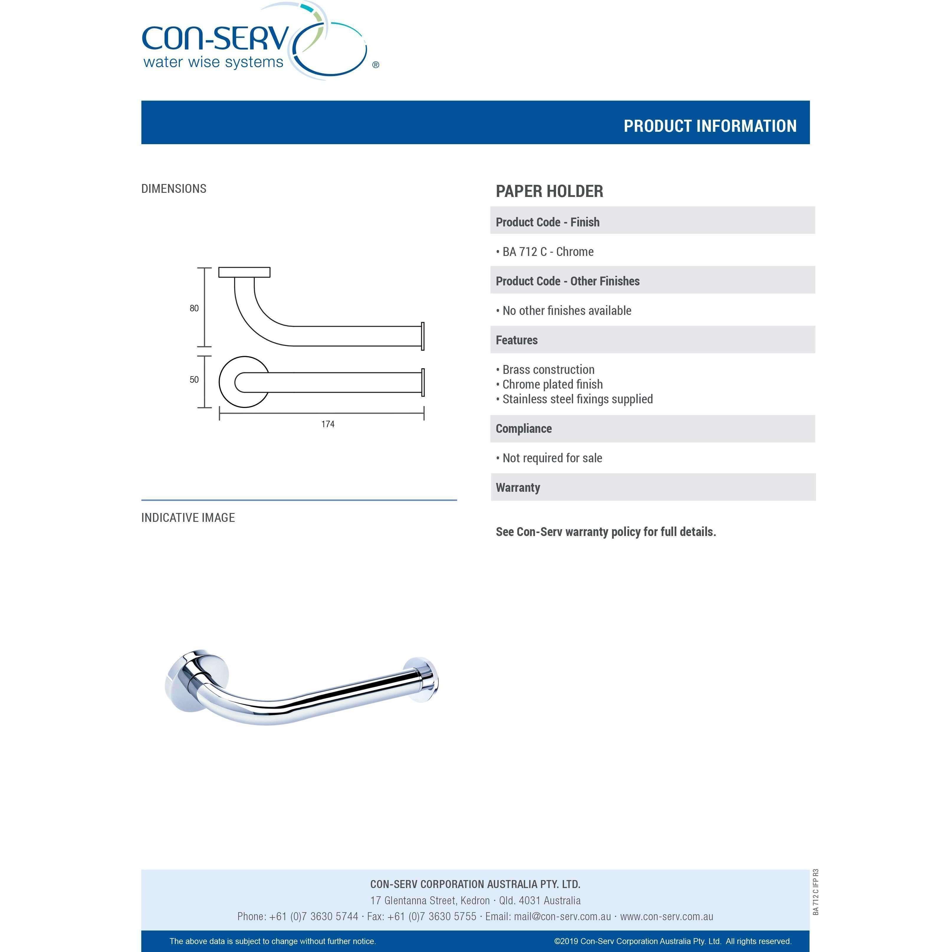 Con-Serv 700 Series Toilet Roll Holder Chrome Ba712C - Burdens Plumbing