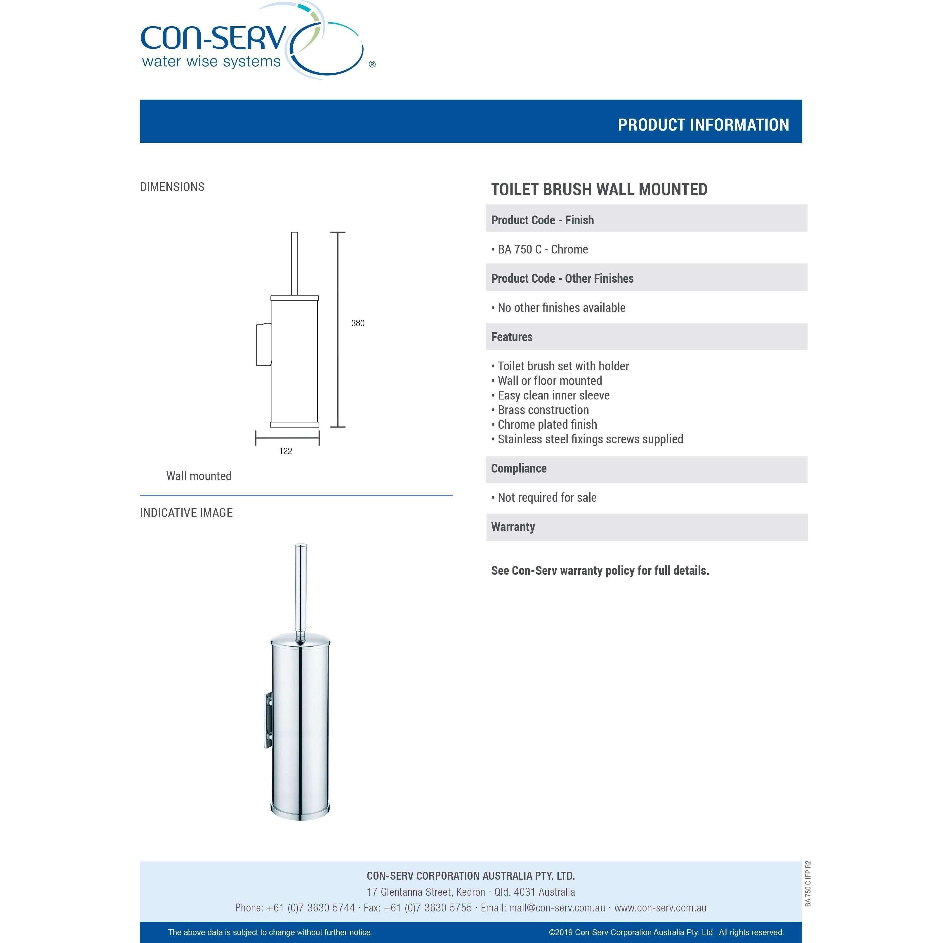 Con-Serv 700 Series Wall Mount Toilet Brush Chrome Ba750C - Burdens Plumbing