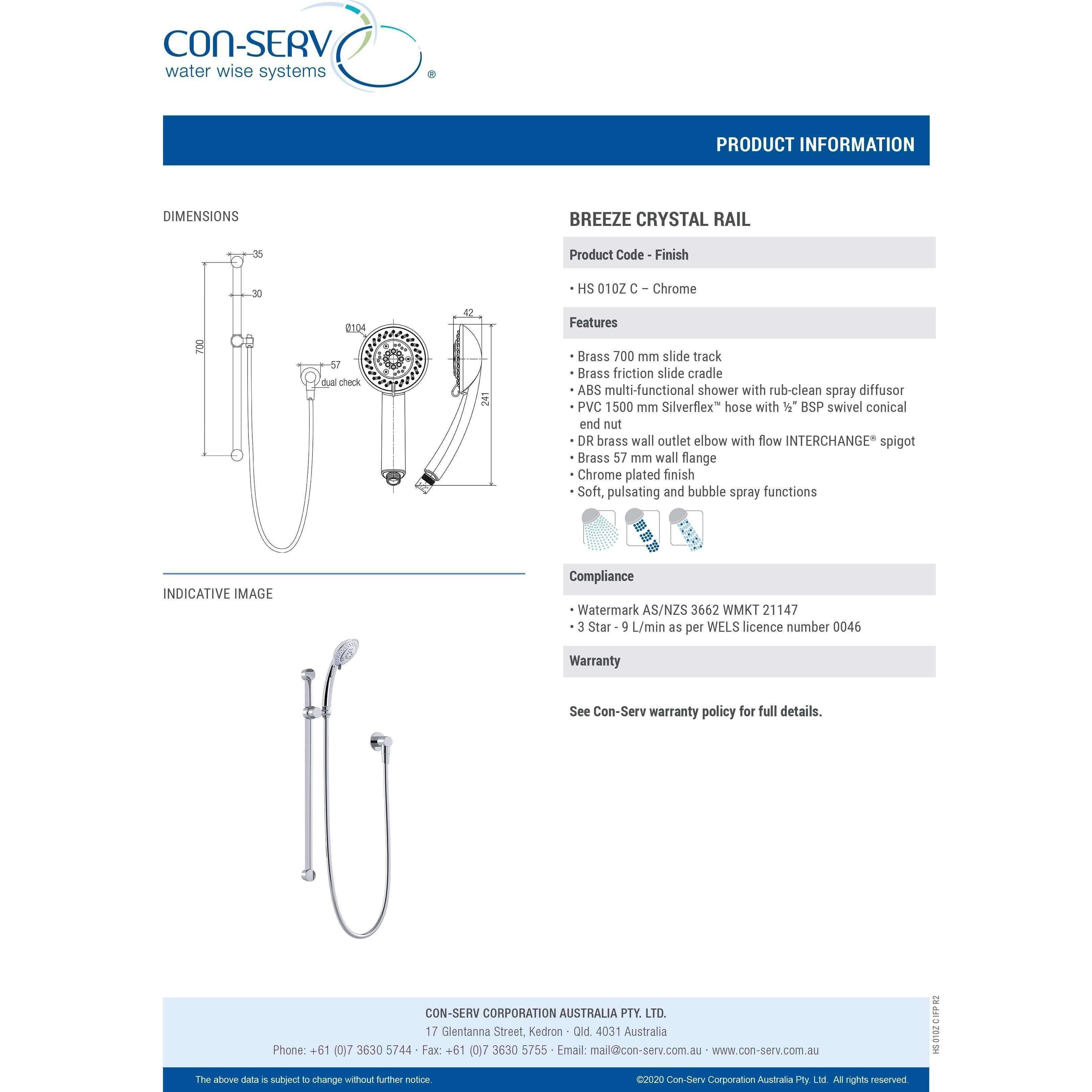 Con-Serv Breeze Pulsator Shower On Crystal Rail Chrome - Burdens Plumbing