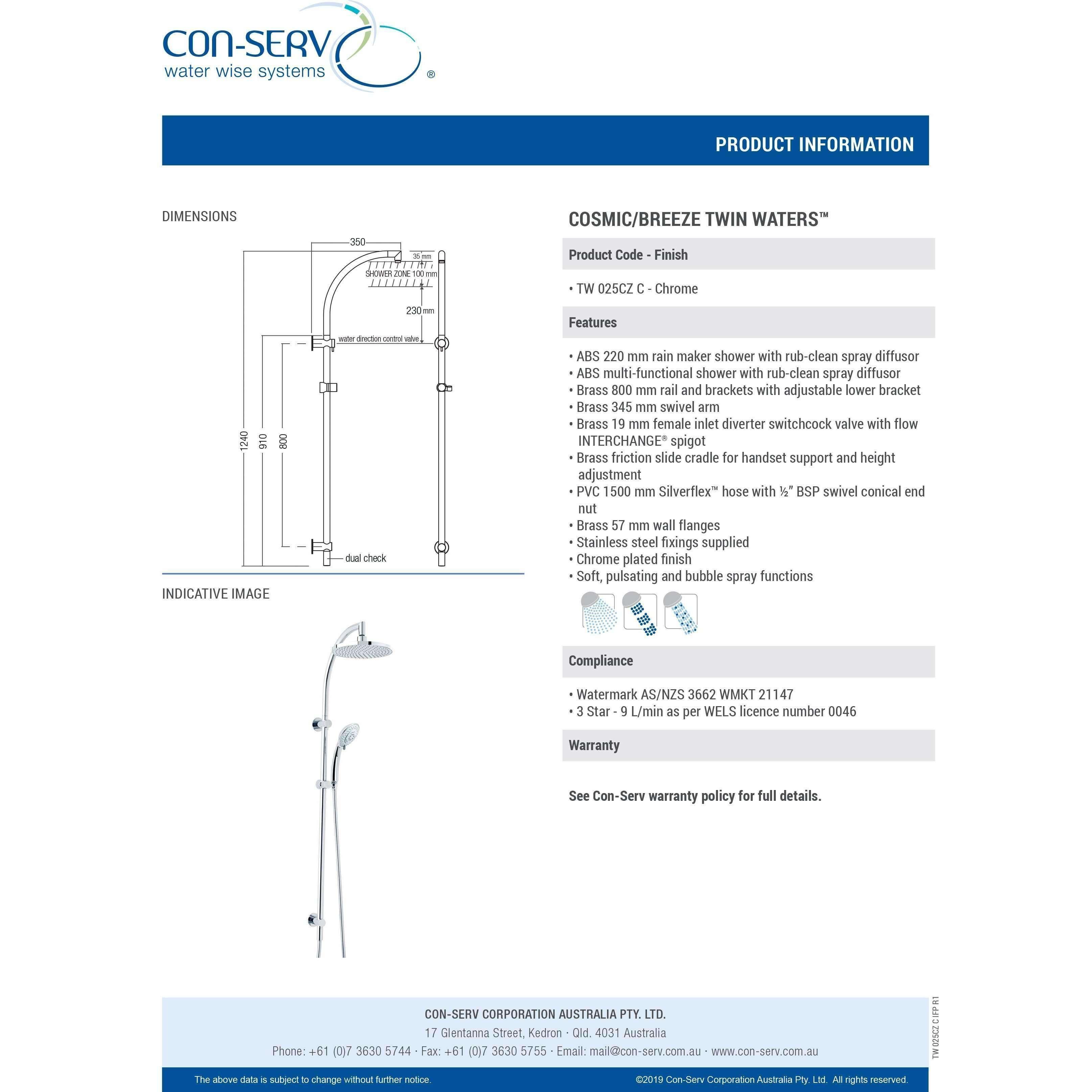 Con-Serv Cosmic Breeze Twin Waters Pulsator Chrome Tw025Cz-C - Burdens Plumbing