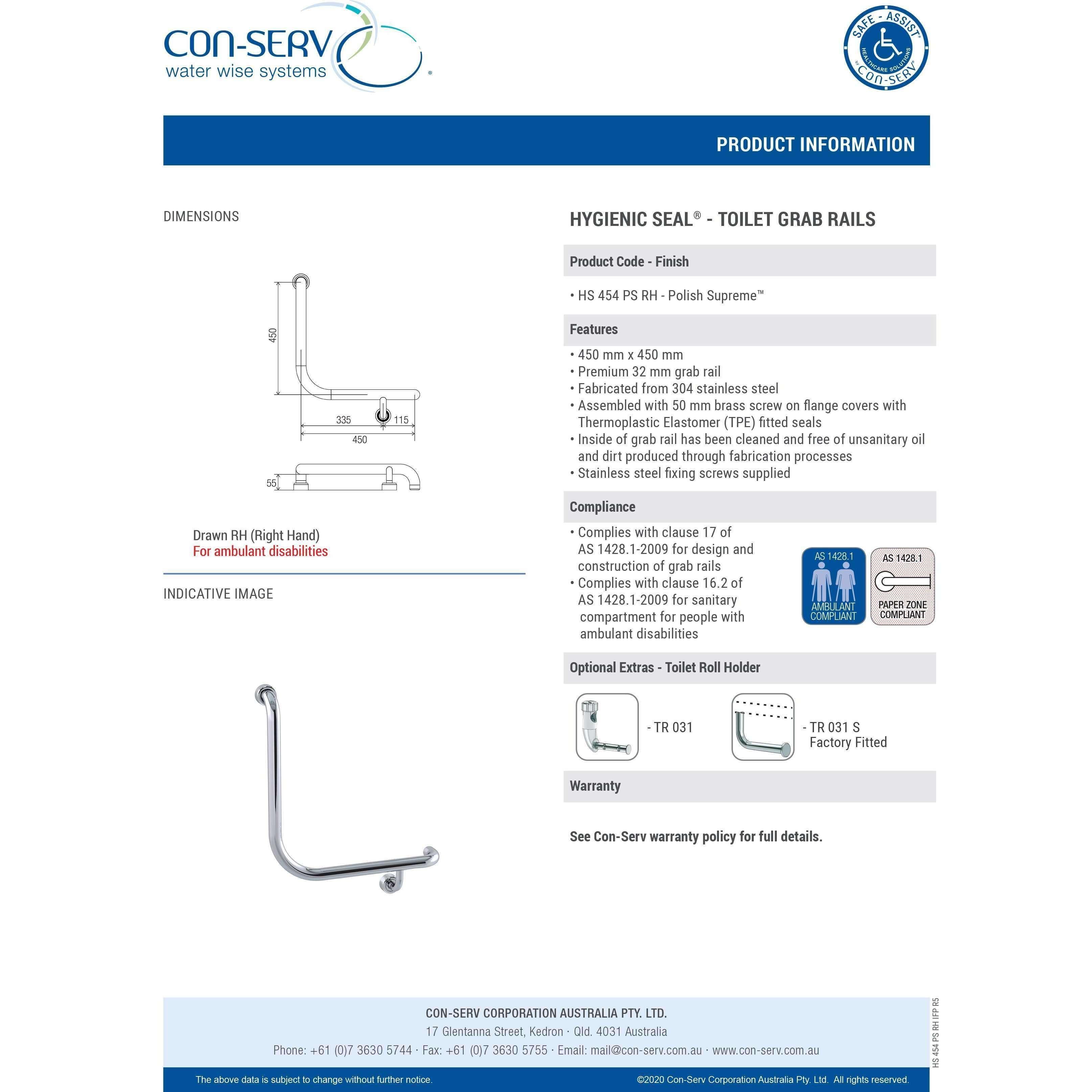 Con-Serv Hygenic Seal R/Angled Grab Rail 450mm Polish S/S - Burdens Plumbing