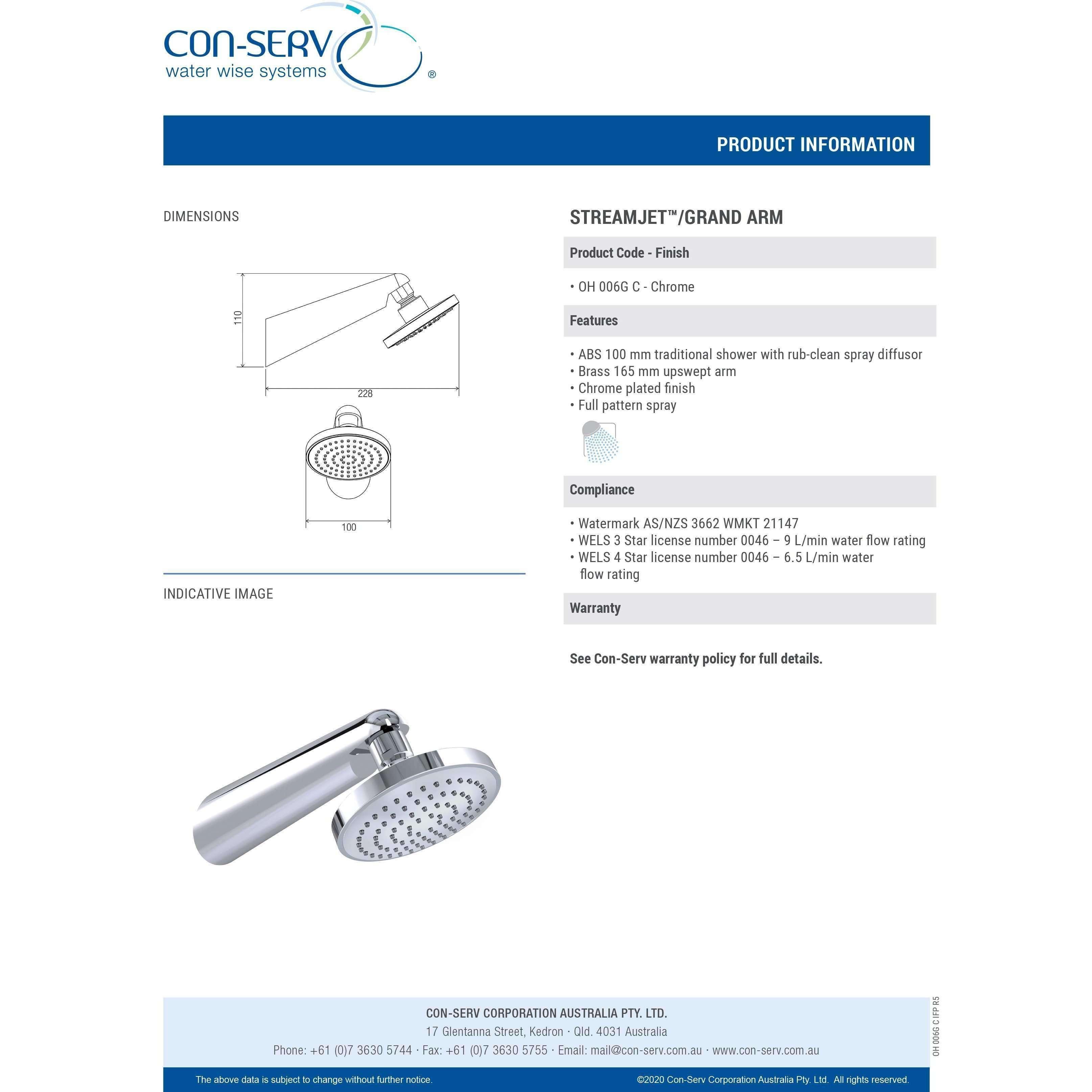 Con-Serv Streamjet Shower On 165mm Grand Arm Chrome - Burdens Plumbing