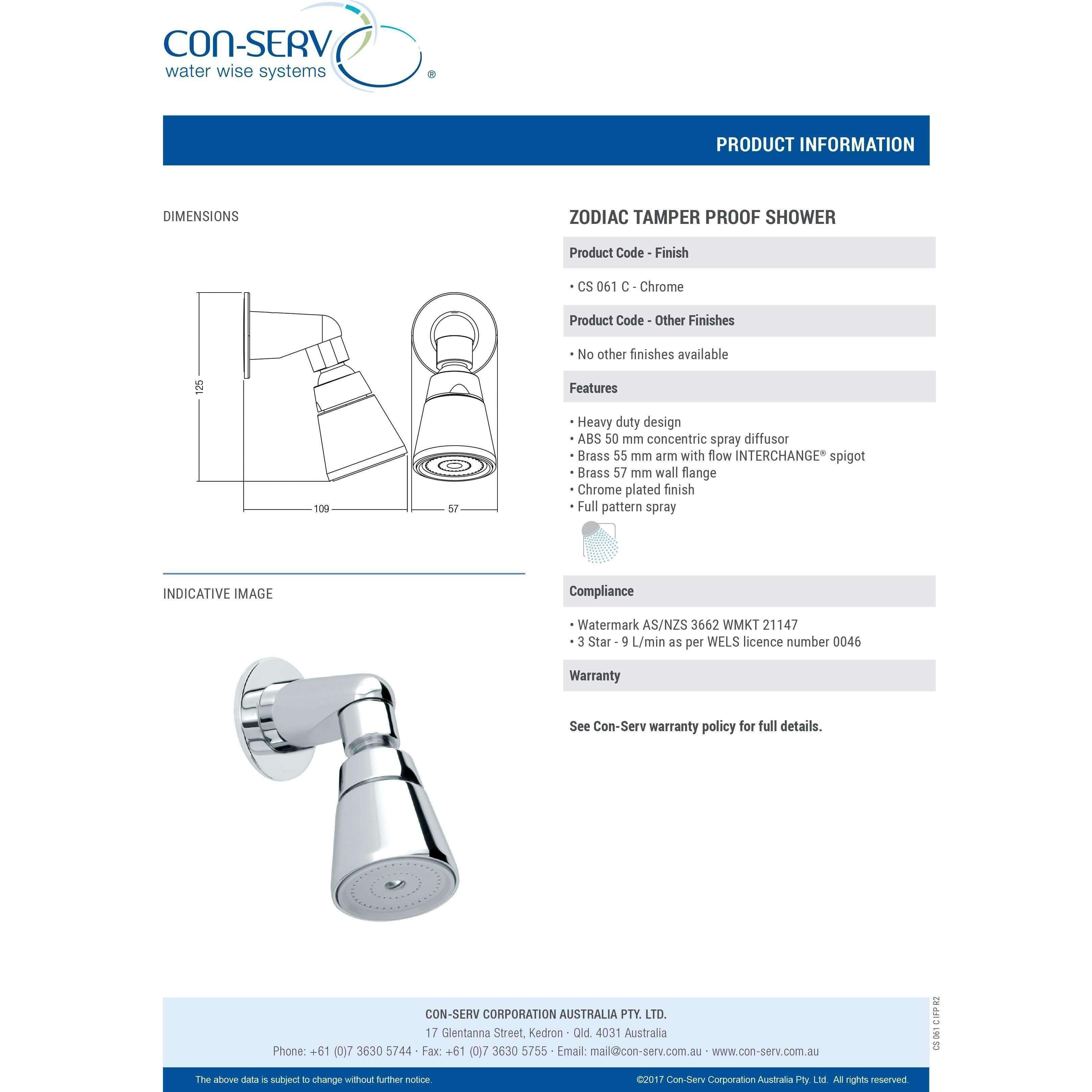 Con-Serv Zodiac Tamper Proof Shower 55mm Fixed Arm Chrome - Burdens Plumbing