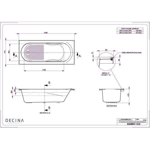 Decina Bambino Bath 1650 X 720 X 390 White - Burdens Plumbing
