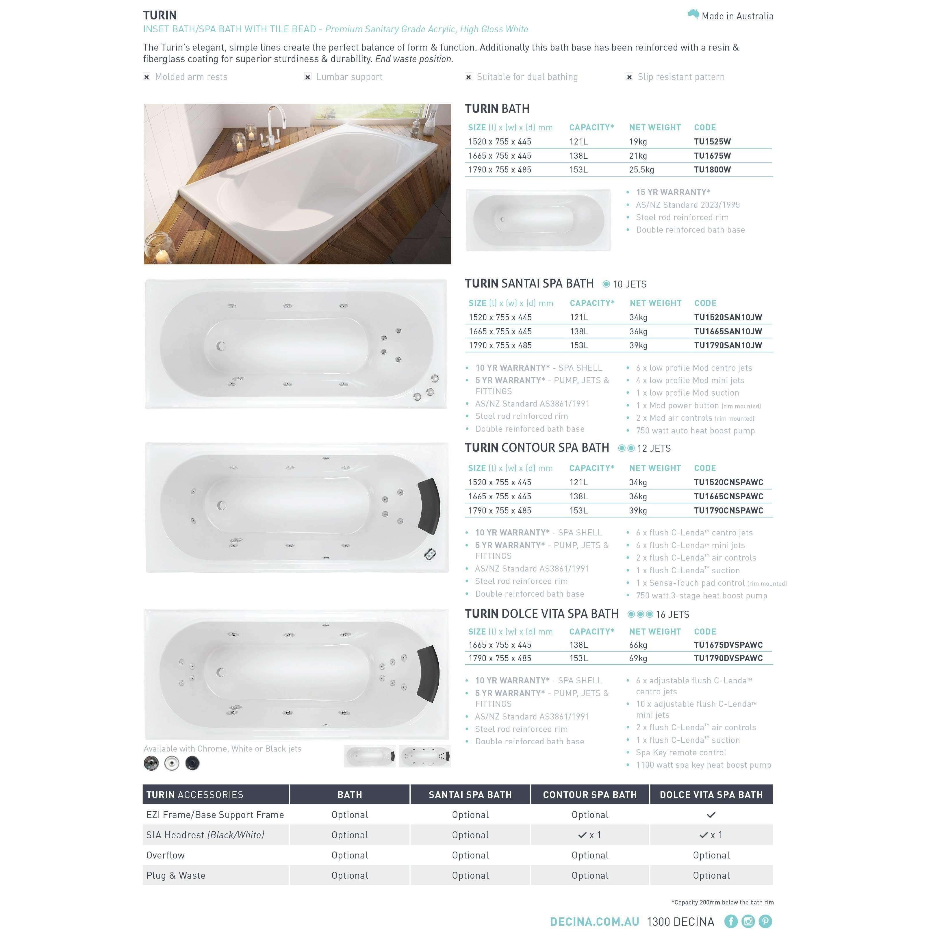 Decina Turin Rect Contour Spa Bath 1790mm 12 Jet W/Cp Hp - Burdens Plumbing