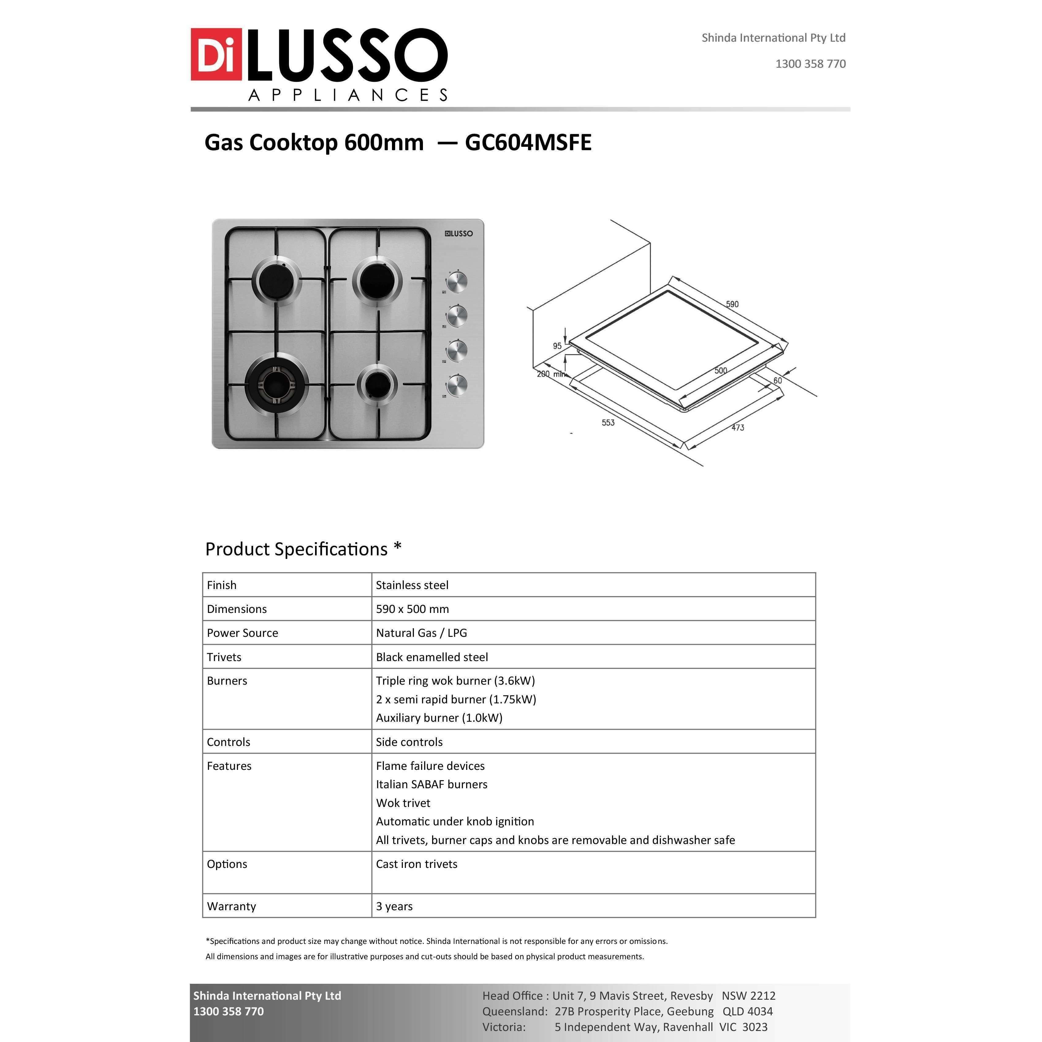 Di Lusso 60Cm Gc604Msfe Gas Cooktop Stainless Steel 4 Burner Inc Wok - Burdens Plumbing