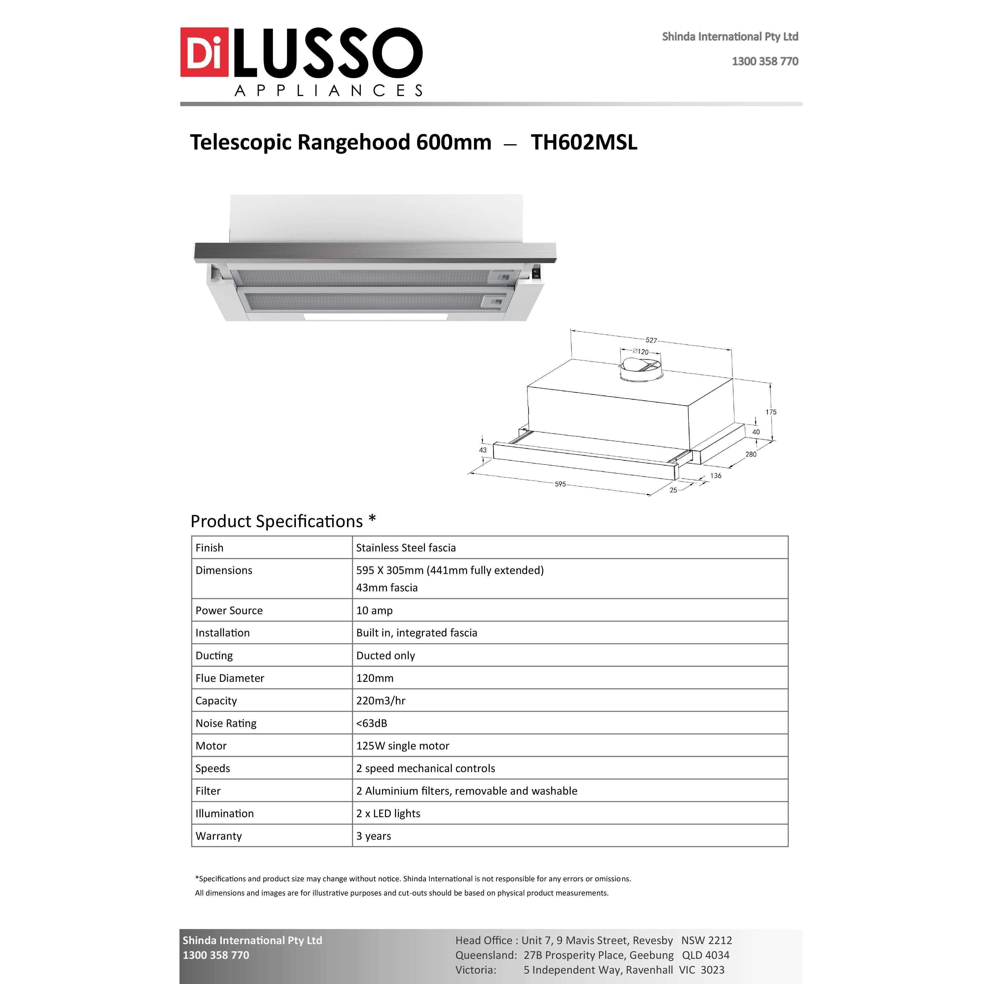 Di Lusso 60Cm Th602Msl Telescopic Led Lights Rangehood Stainless Steel - Burdens Plumbing