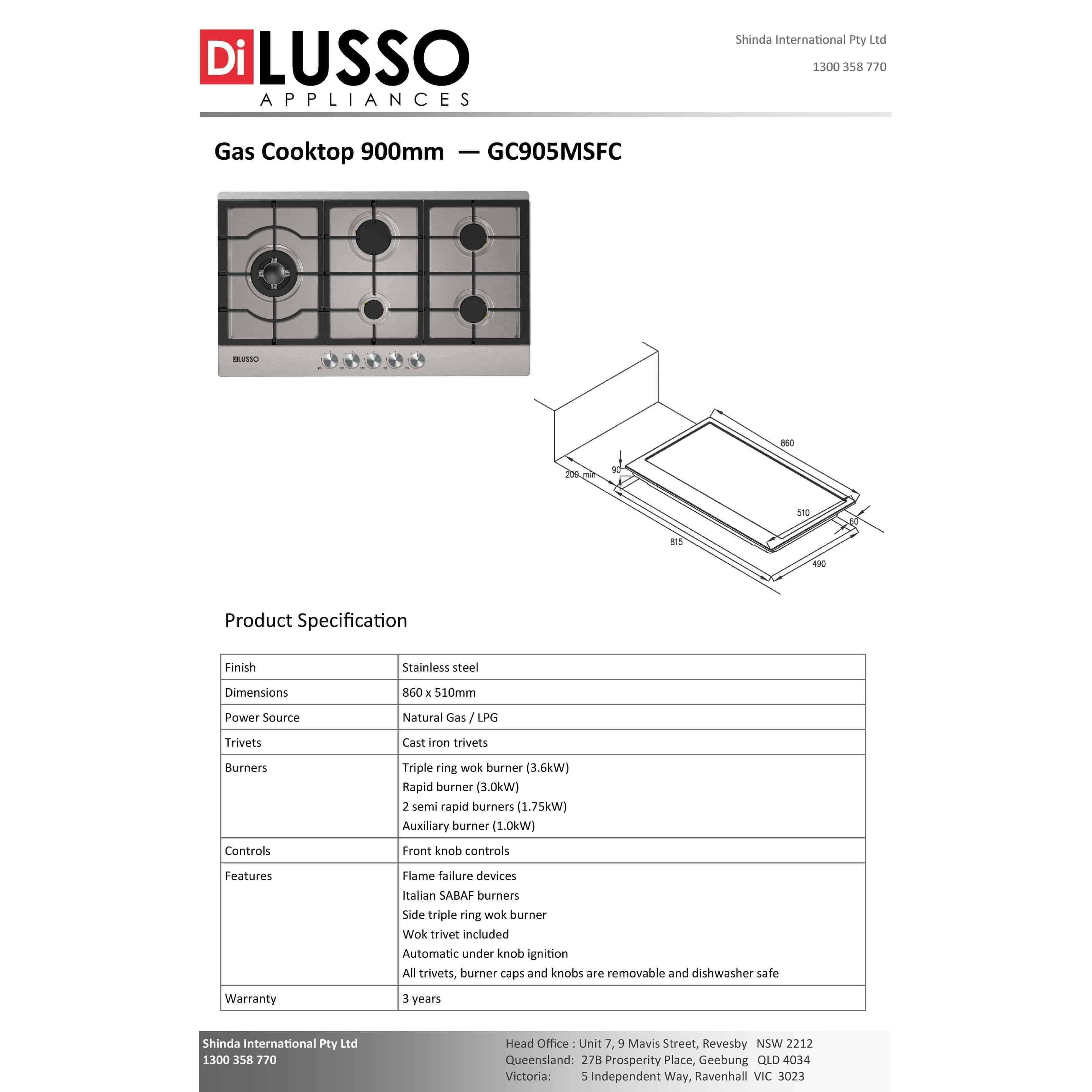 Di Lusso 900mm Stainless Steel Gas Cooktop 5 Sabaf Burners Inc Side Wok - Burdens Plumbing