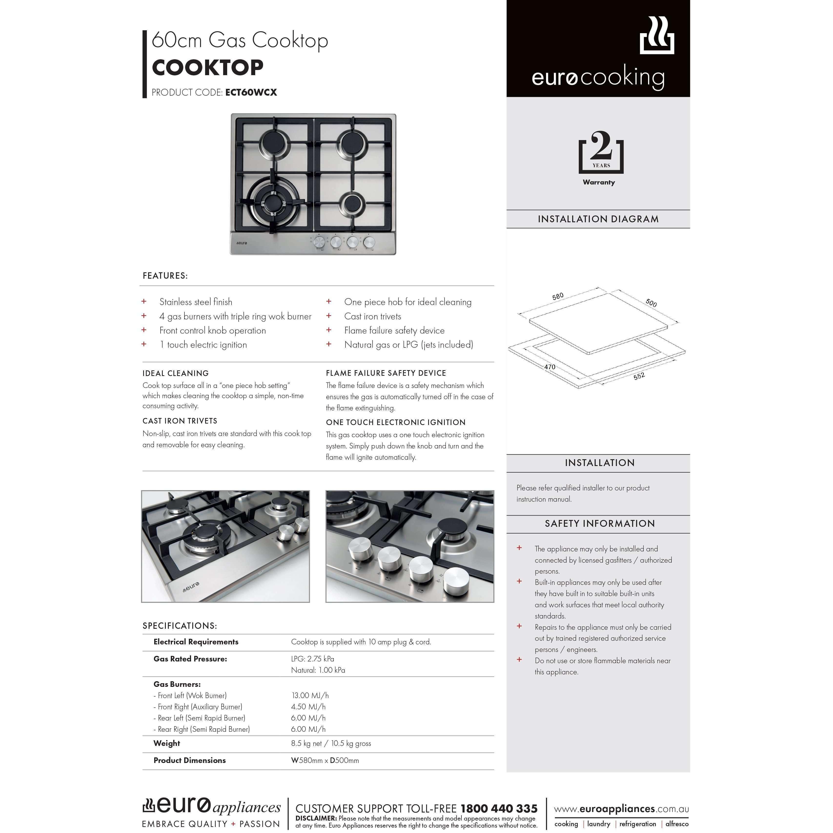 Euro 60Cm 4 Burner Gas Cooktop + Wok Cast Iron Trivets Front Knobs - Burdens Plumbing