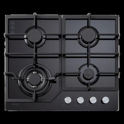 Euro 60Cm 4 Burner Gas Cooktop + Wok Cast Iron Trivets Glass Hob Black - Burdens Plumbing