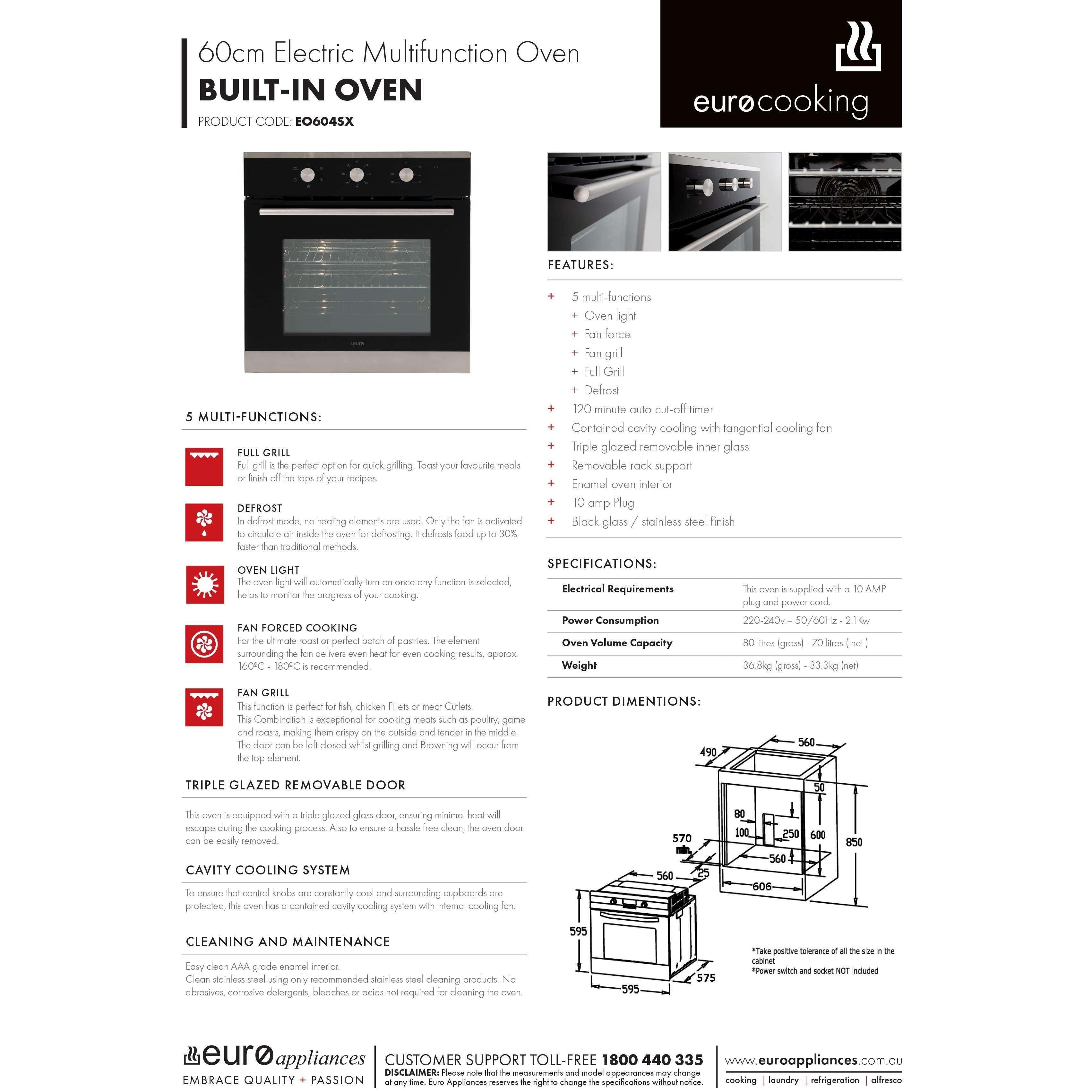 Euro 60Cm Fan Forced 4 Function Oven 120 Minute Timer 10 Amp Plug In - Burdens Plumbing